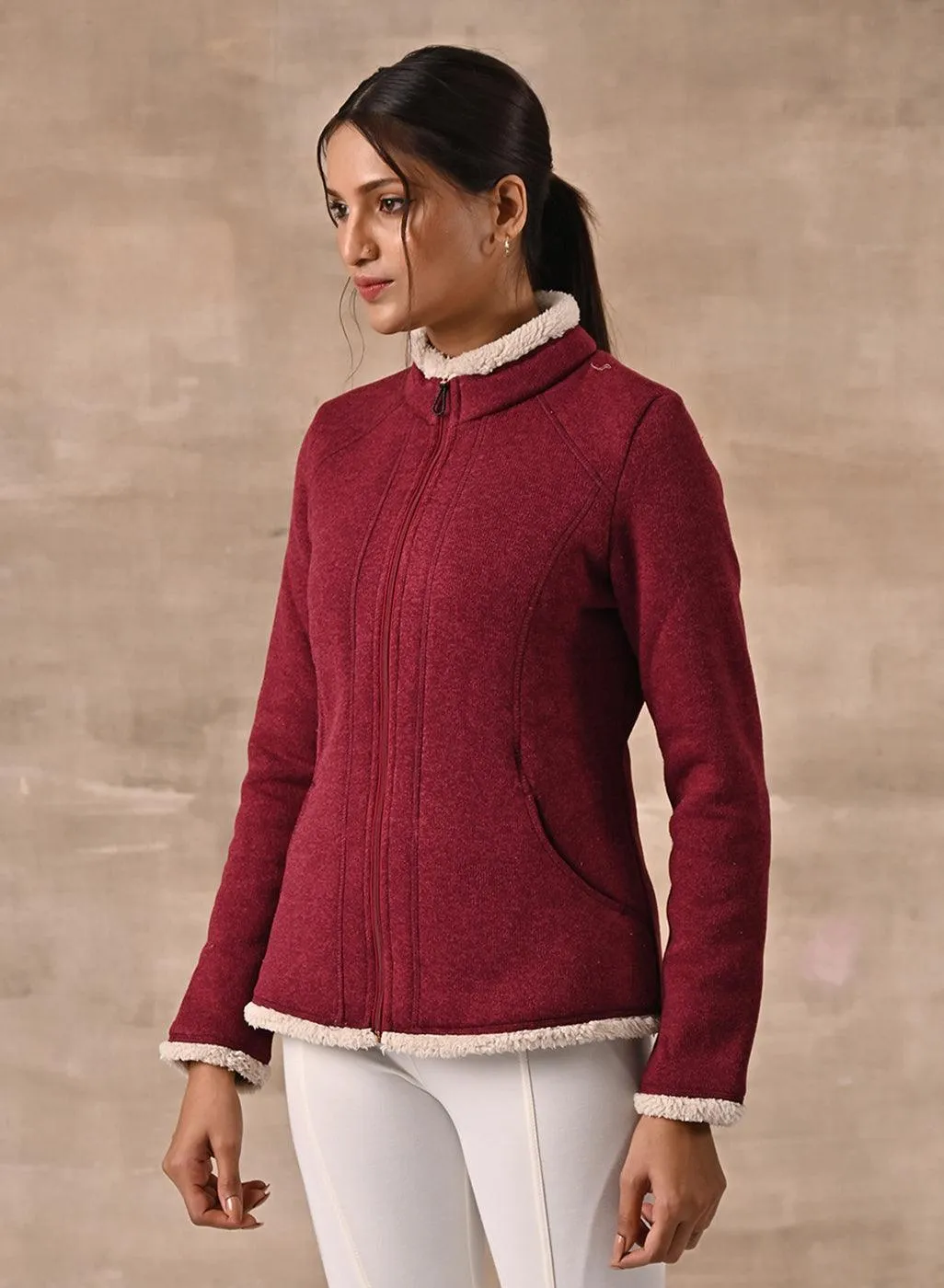 Maroon Zip-front High-neck Fleece Jacket with Pockets