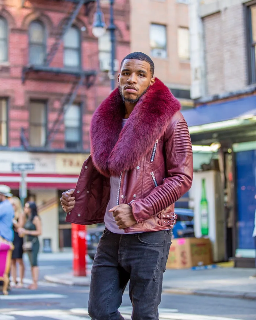 MEN BURGUNDY- BIKER RIBBLES WITH BURGUNDY FOX FUR