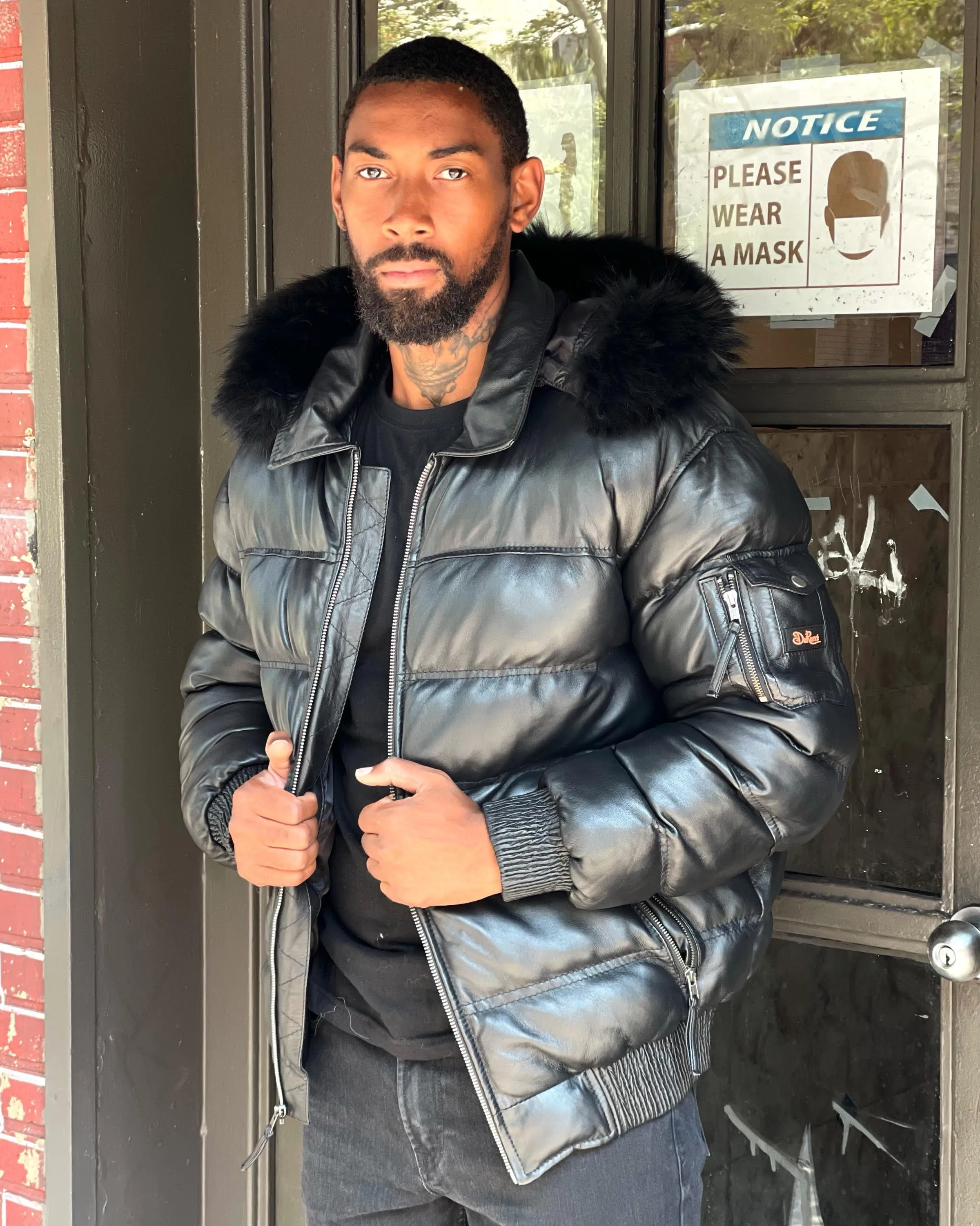 MEN LEATHER PUFFER BOMBER- BLACK (BLACK FUR)