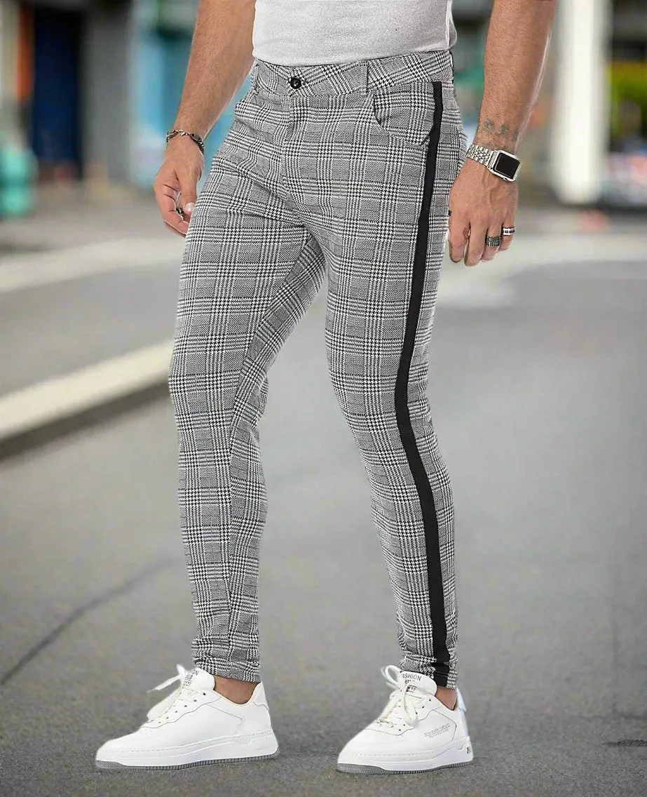 Men Plaid Print Side Stripe Skinny Pants