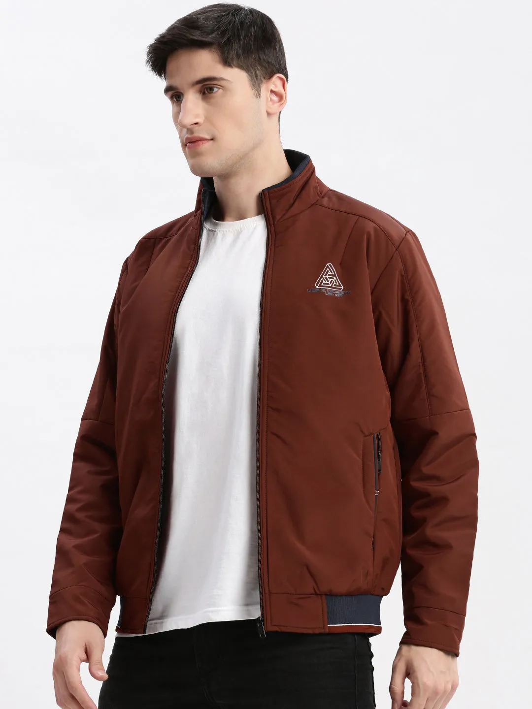 Men Solid Mock Collar Rust Bomber Jacket