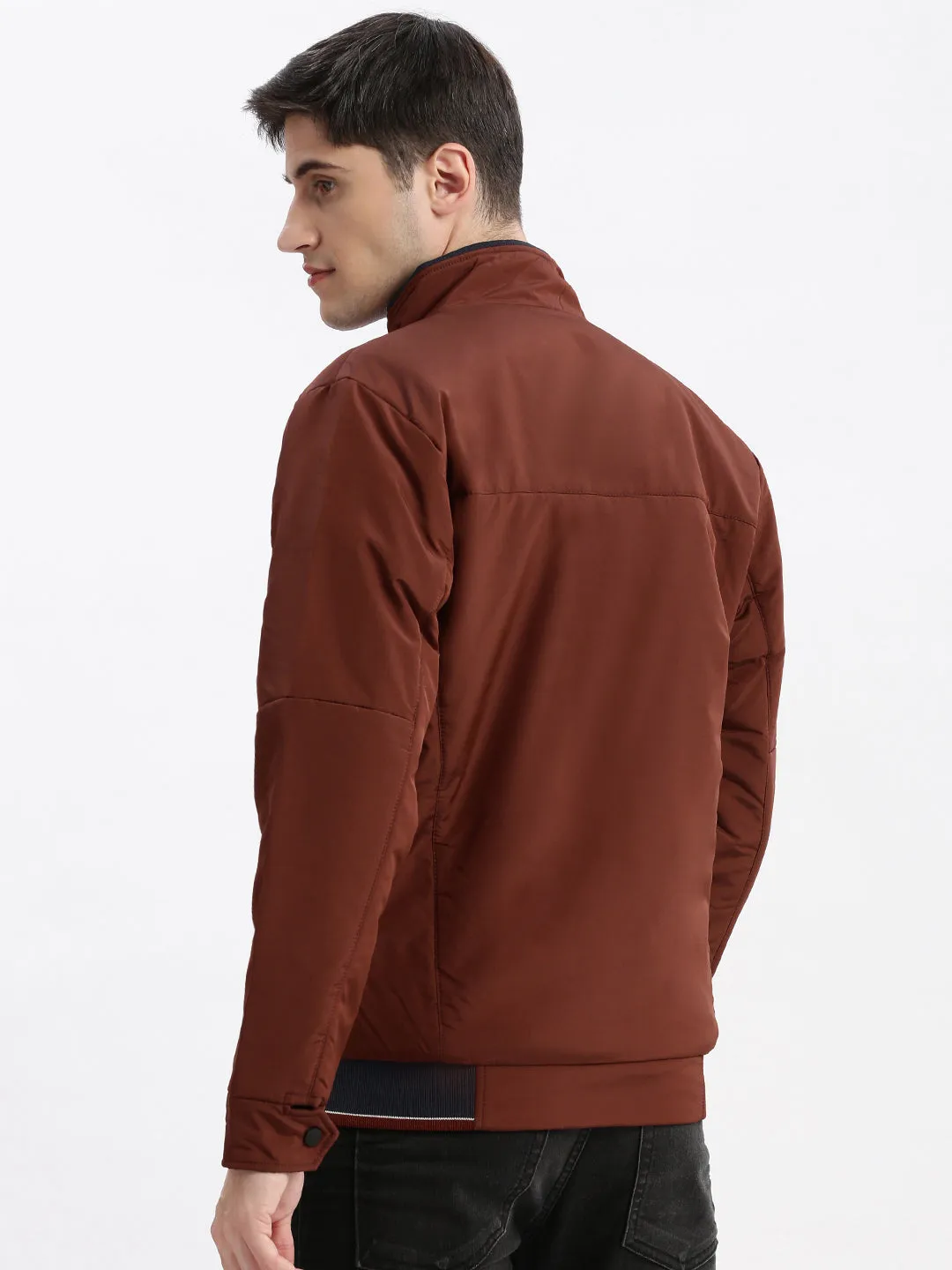 Men Solid Mock Collar Rust Bomber Jacket