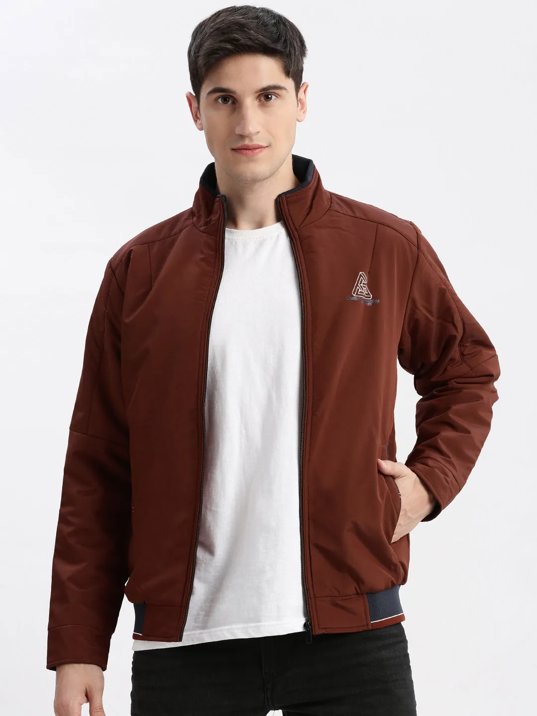 Men Solid Mock Collar Rust Bomber Jacket