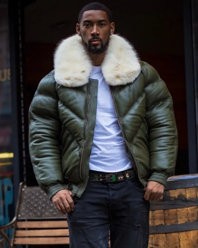 MEN V BOMBER- MONEY GREEN (OFF WHITE FUR)