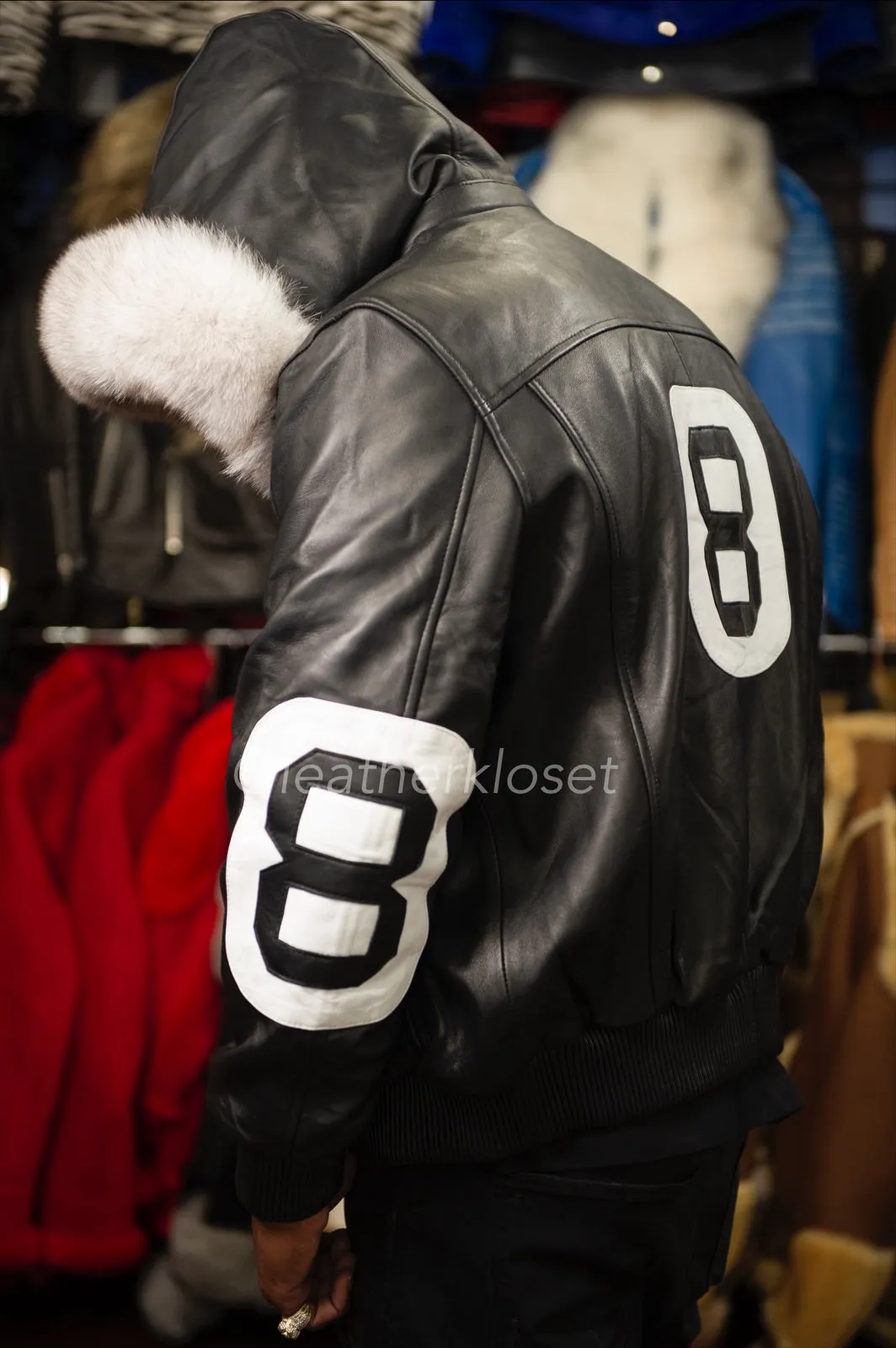 Men's 8 Ball Leather Jacket With Fox Hood [Black/White]