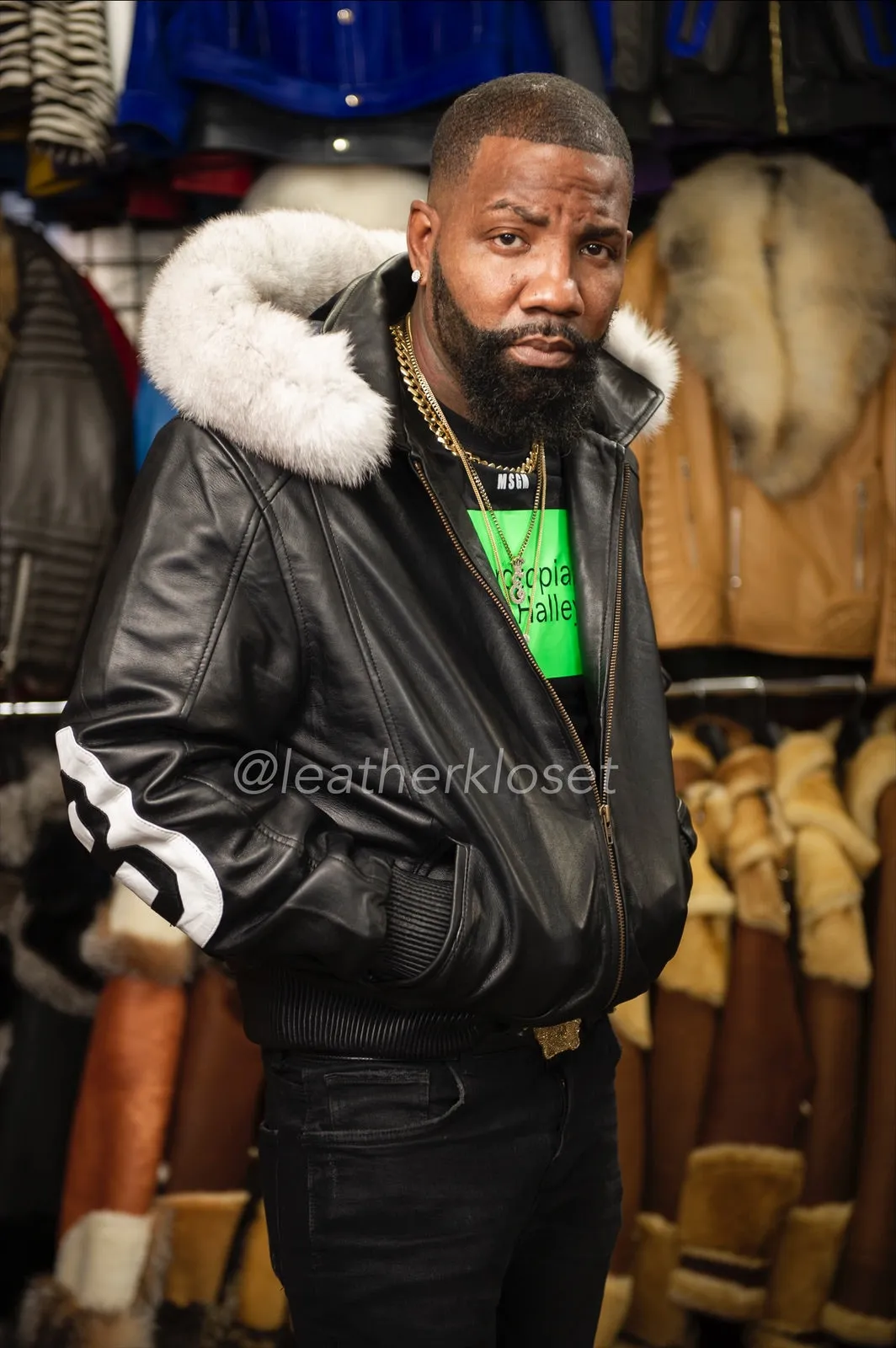 Men's 8 Ball Leather Jacket With Fox Hood [Black/White]