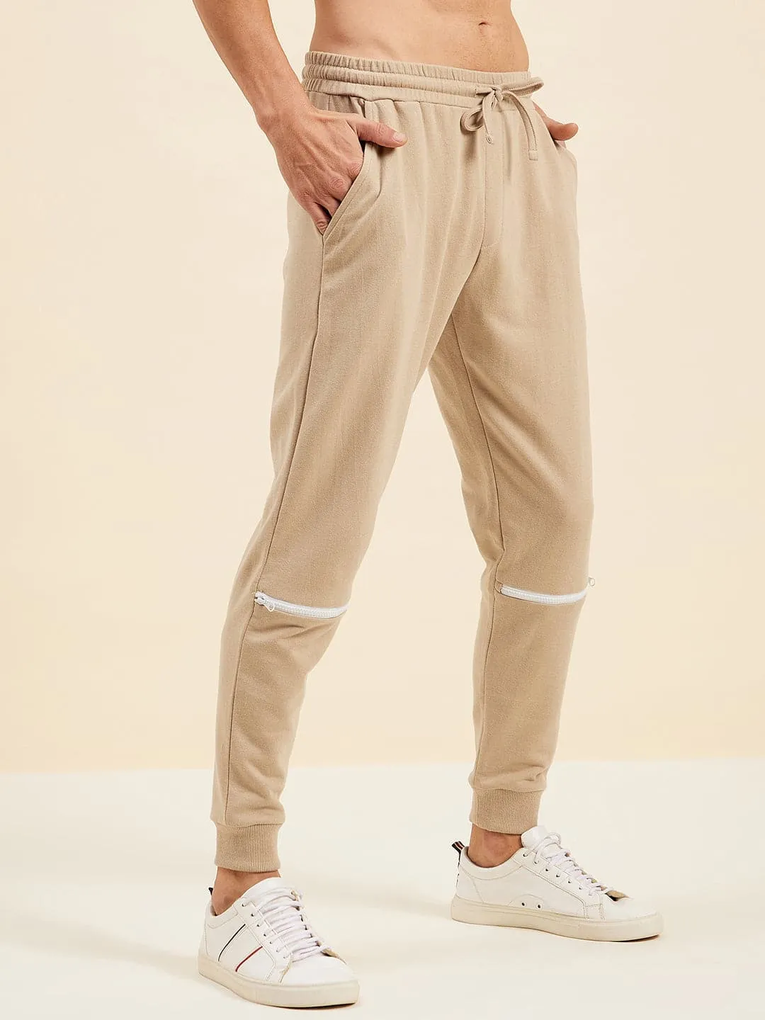 Men's Beige Relax Fit Zipper Detail Joggers - LYUSH-MASCLN