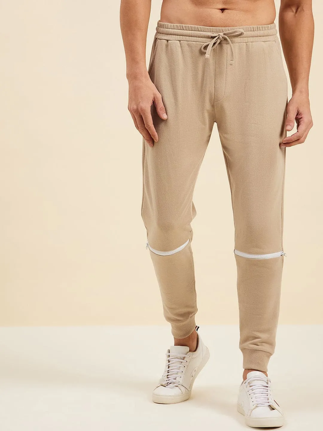 Men's Beige Relax Fit Zipper Detail Joggers - LYUSH-MASCLN