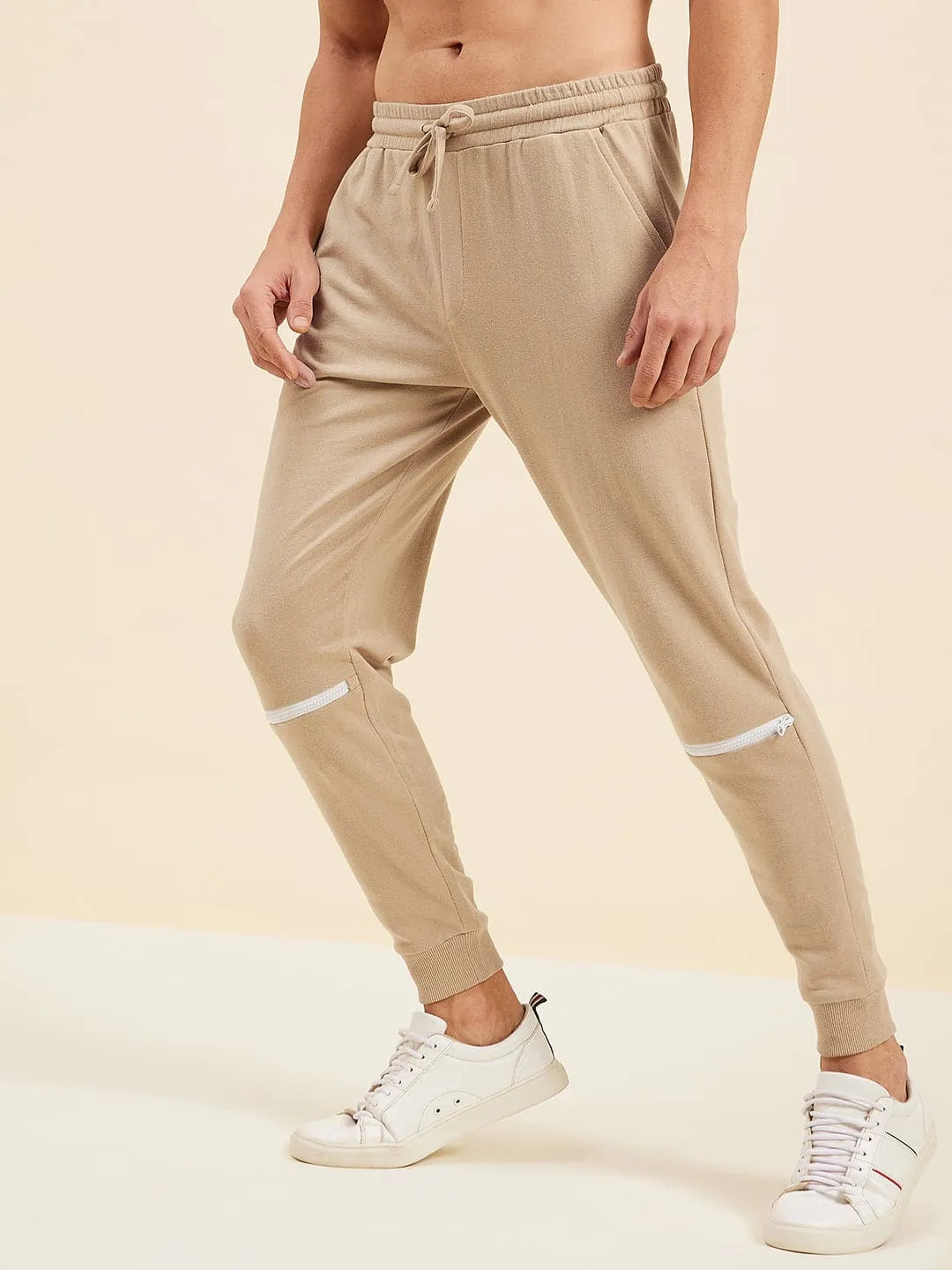 Men's Beige Relax Fit Zipper Detail Joggers - LYUSH-MASCLN