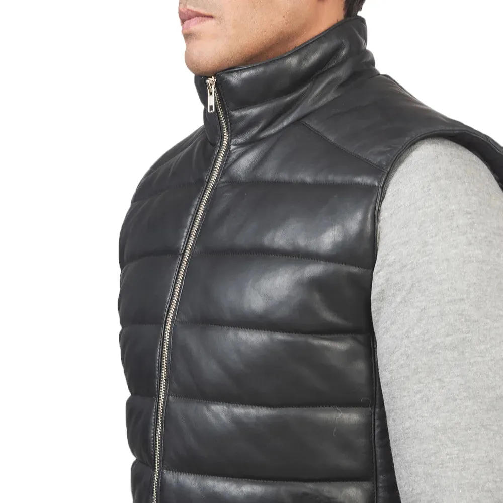 Mens Black Leather Puffer Vest