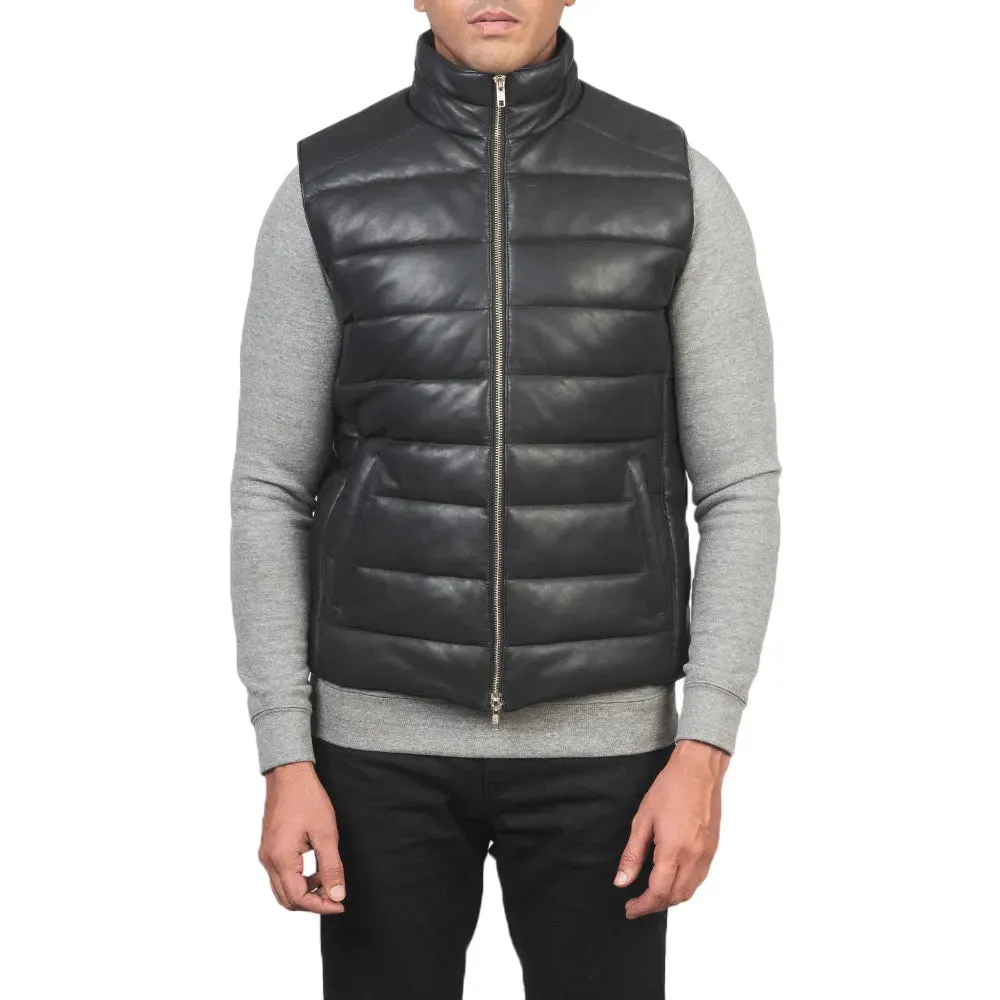 Mens Black Leather Puffer Vest