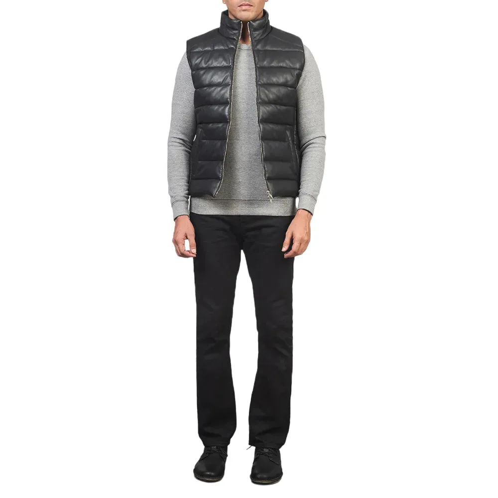 Mens Black Leather Puffer Vest