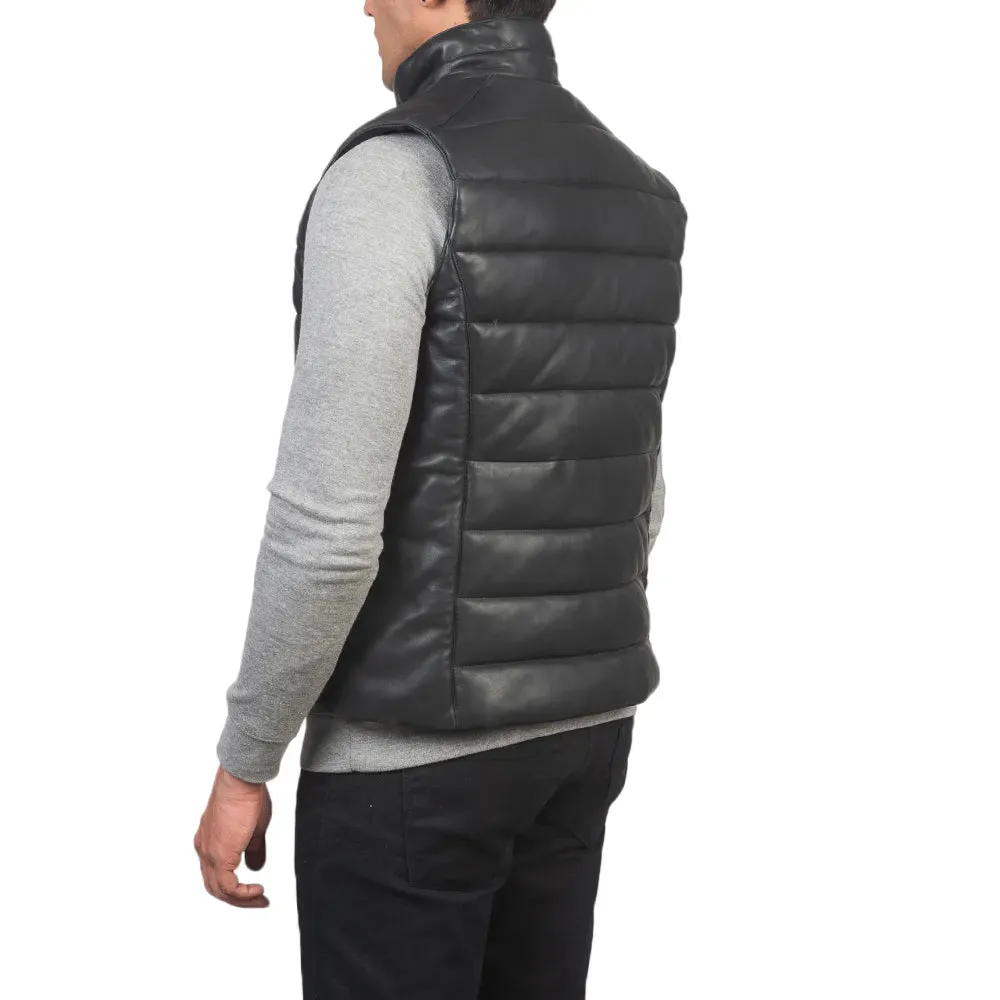 Mens Black Leather Puffer Vest