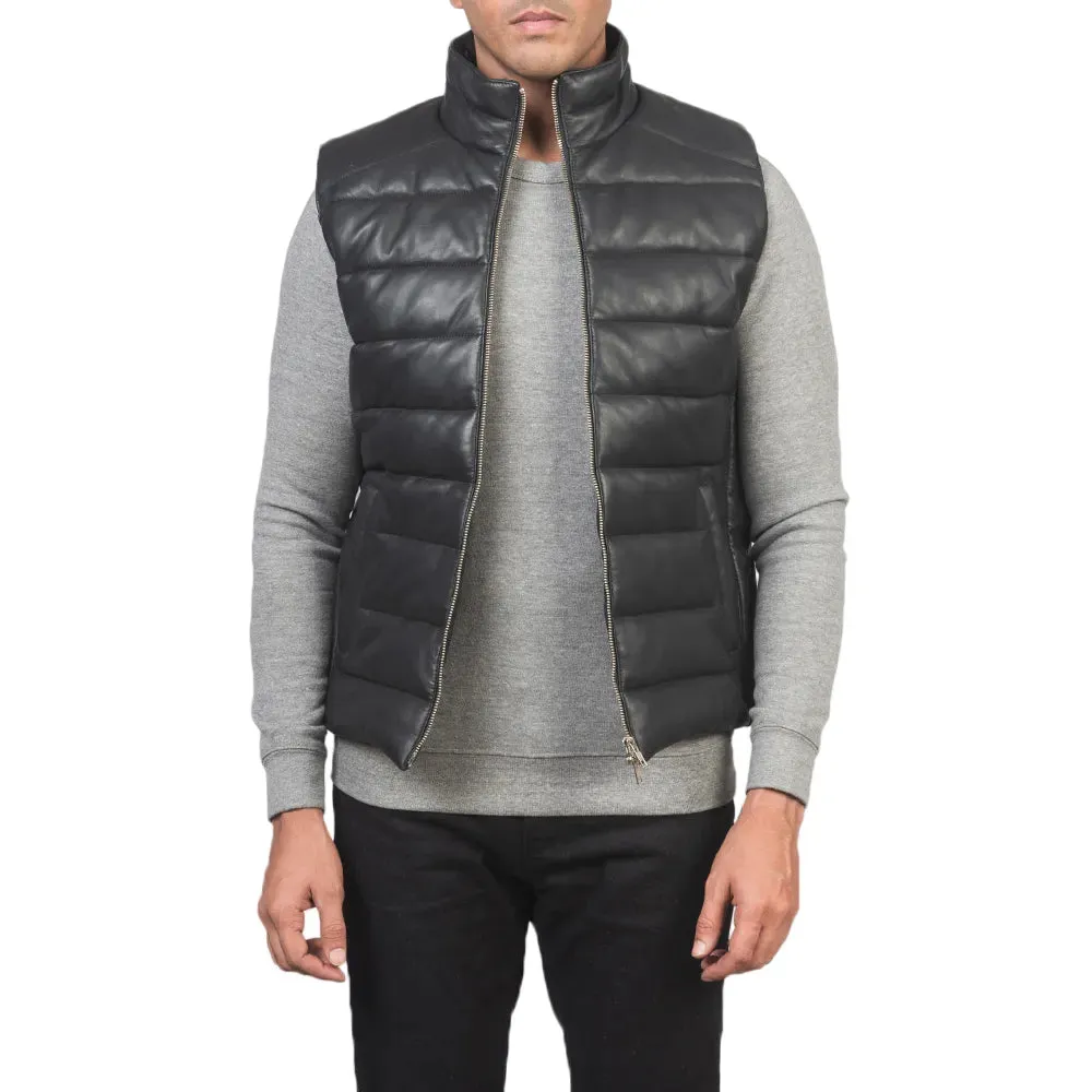 Mens Black Leather Puffer Vest