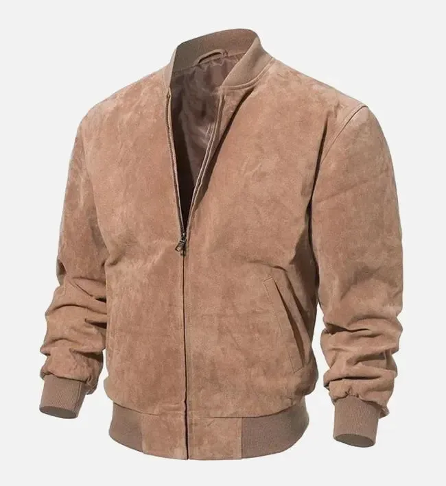 Men's Camel Brown Suede Bomber Leather Jacket