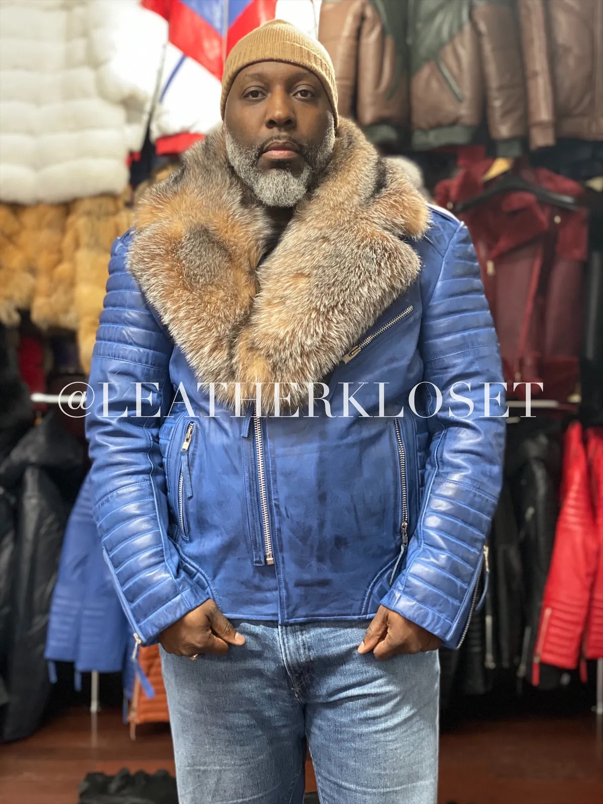 Men's Jay Biker Distressed Blue With Full Fox Fur Collar