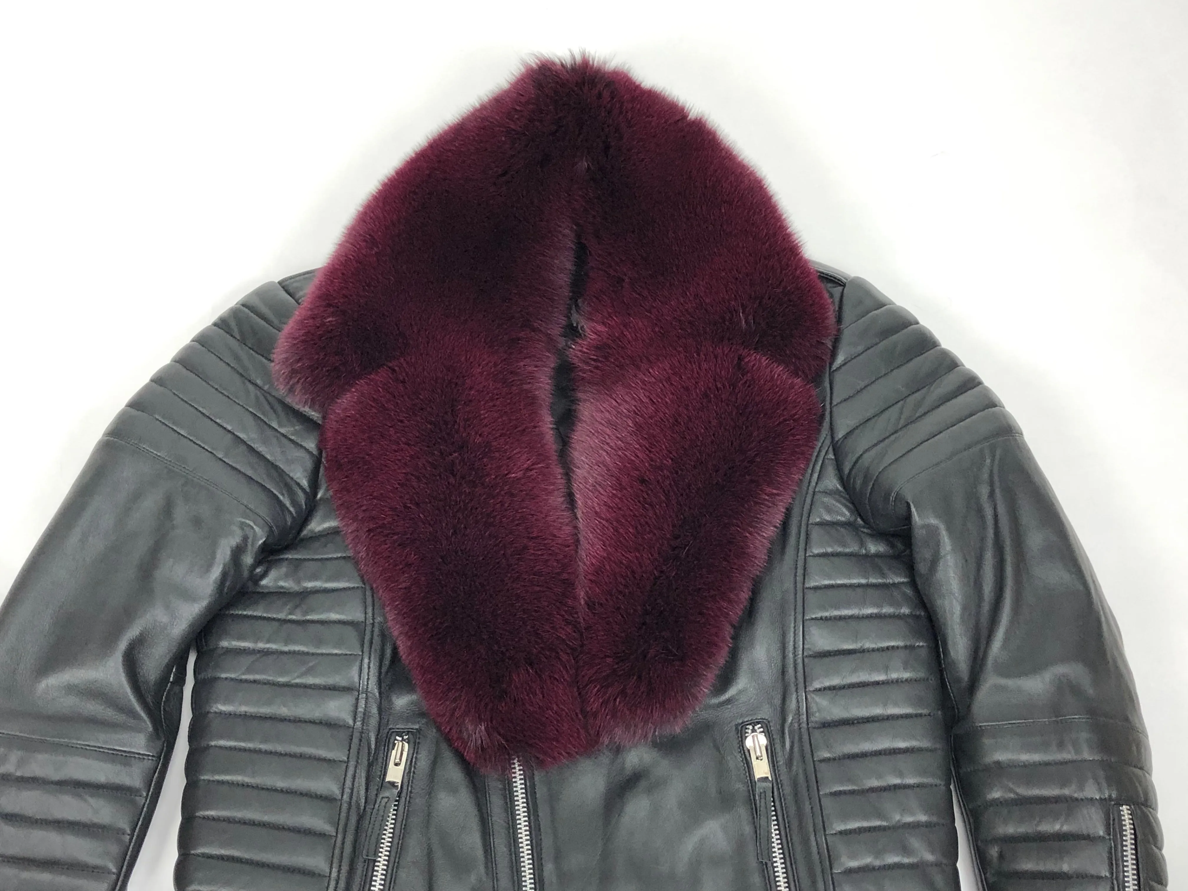 Men's Jay Biker Jacket Black With Full Burgundy Fox Collar