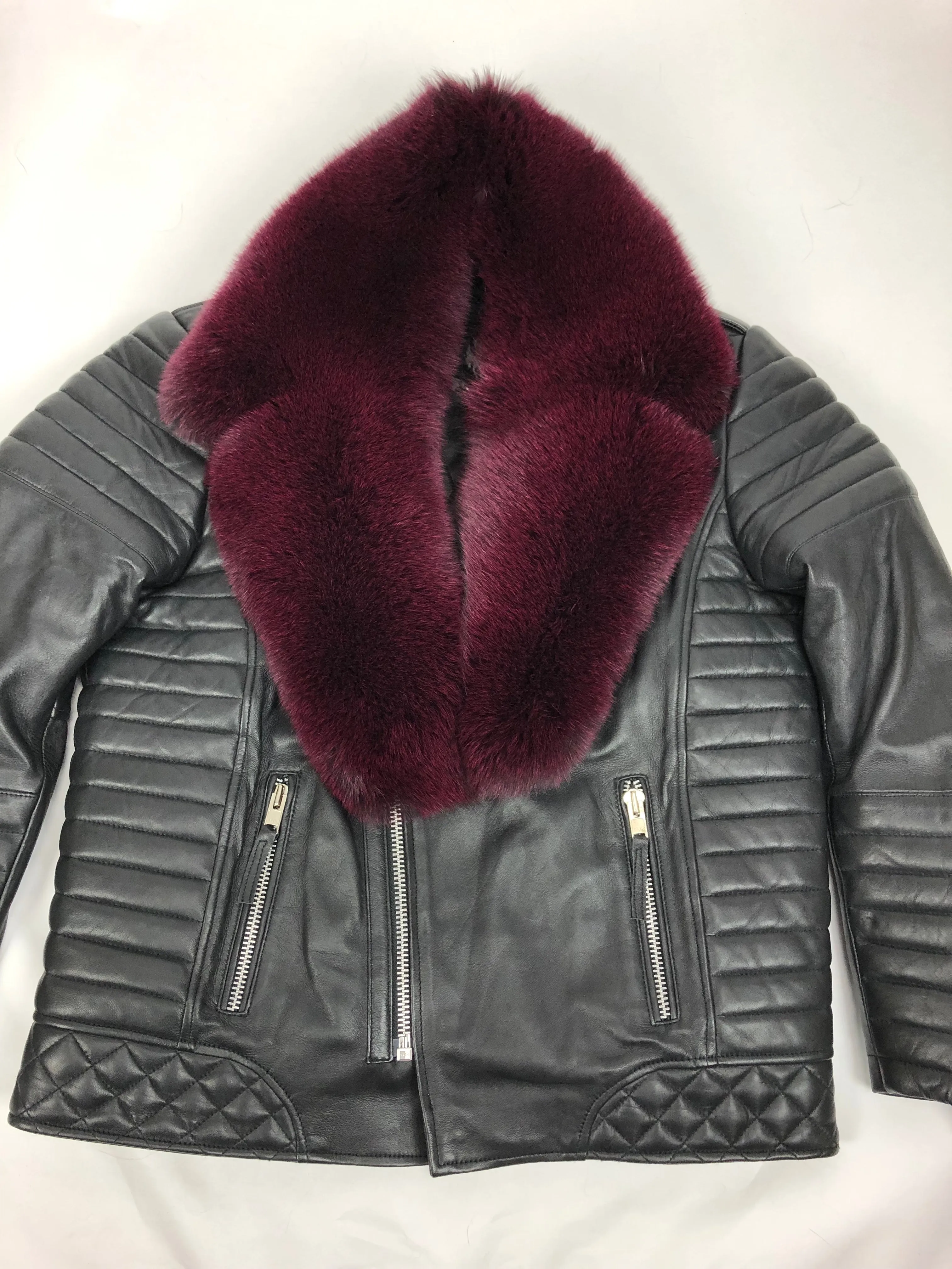 Men's Jay Biker Jacket Black With Full Burgundy Fox Collar