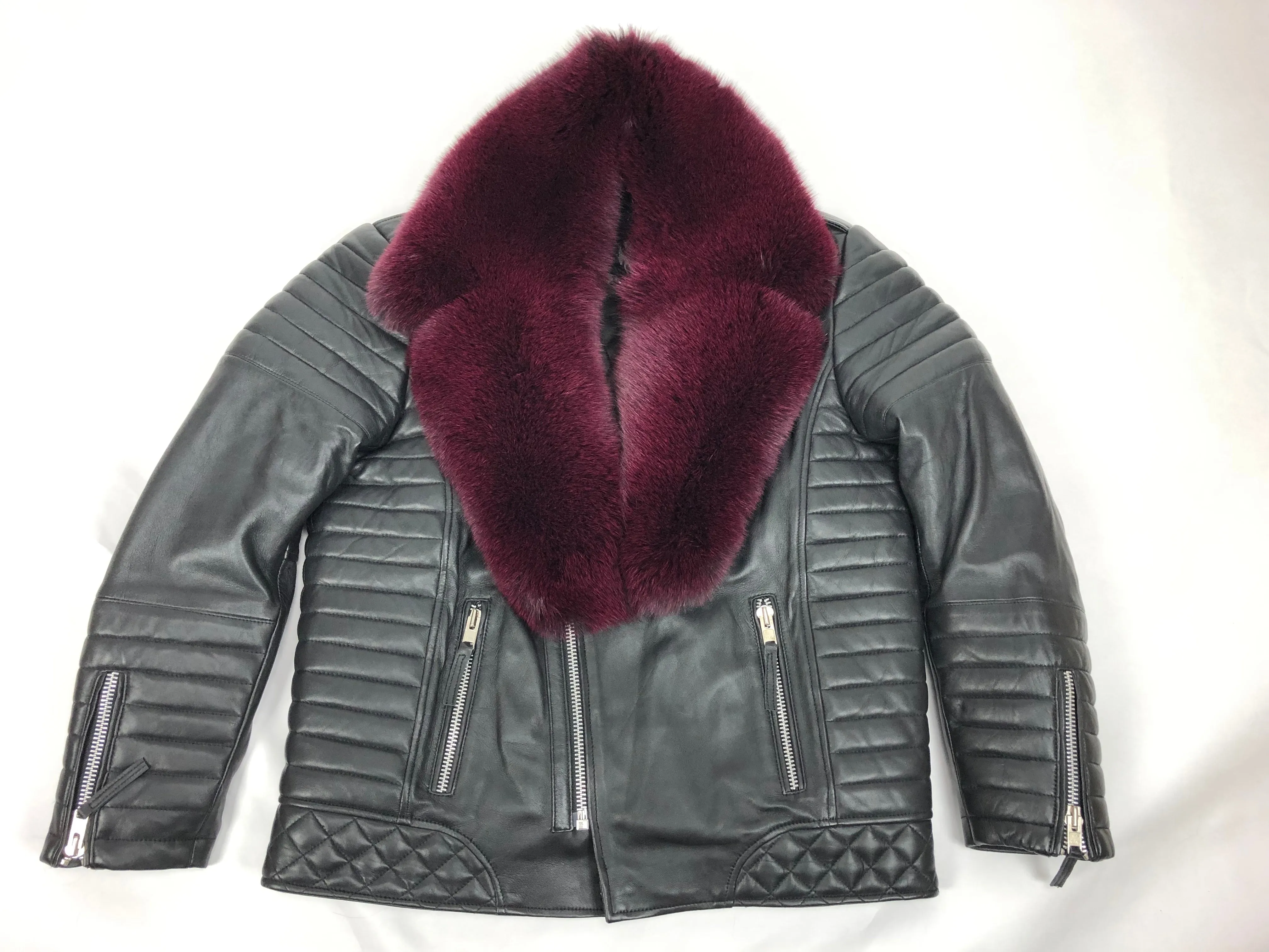 Men's Jay Biker Jacket Black With Full Burgundy Fox Collar