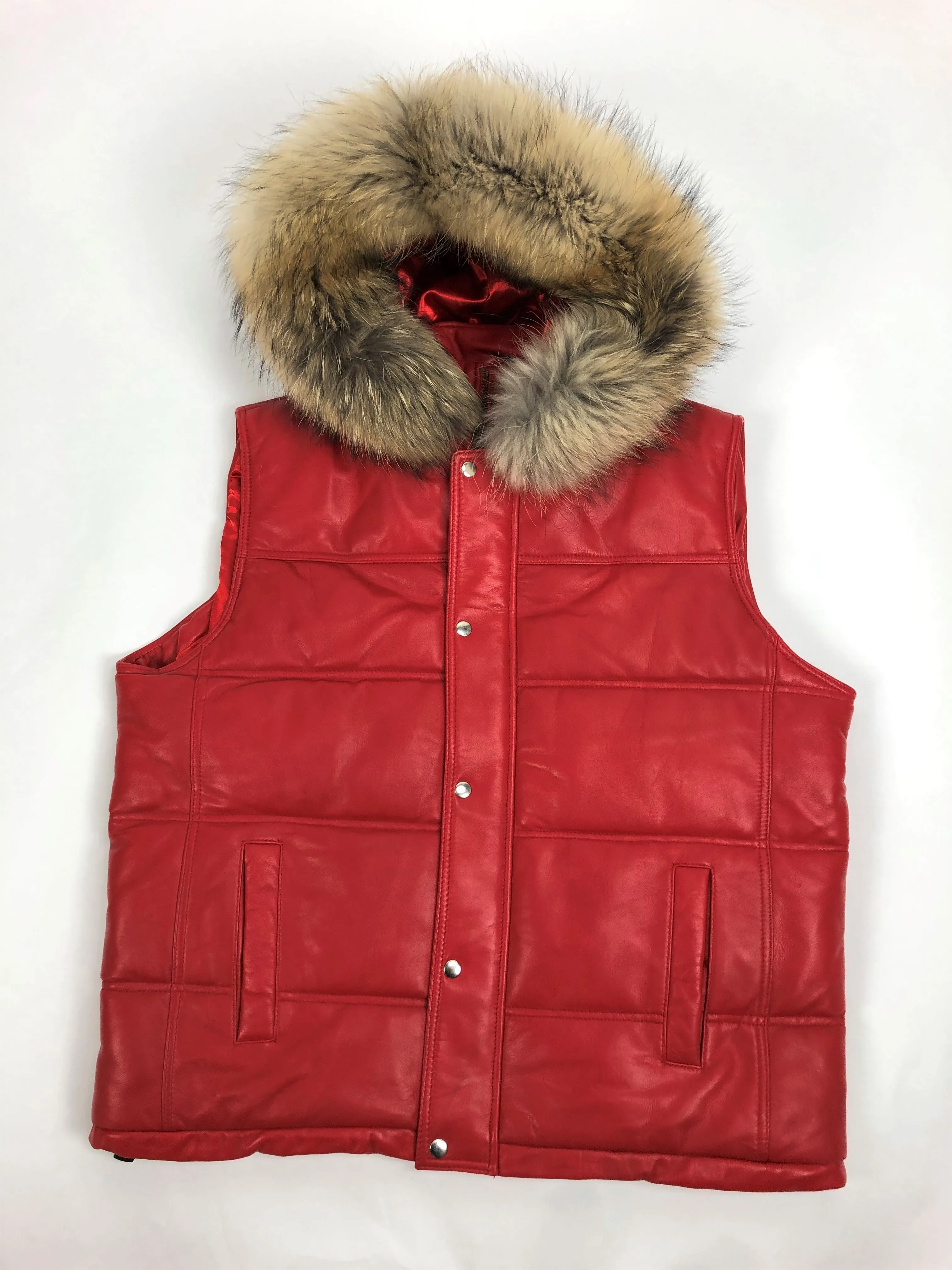 Men's Leather Bubble Vest With Premium Raccoon Fur Hood