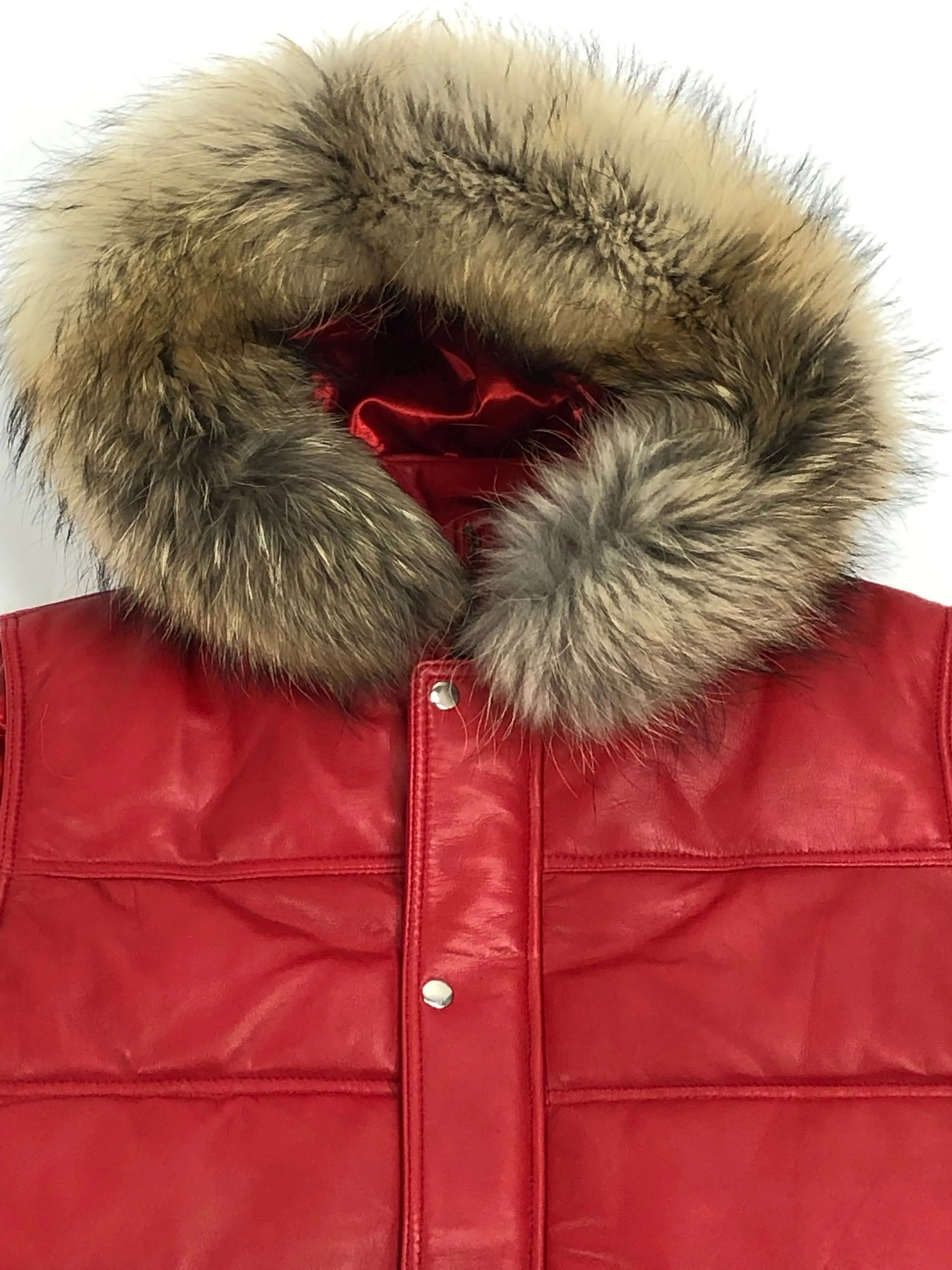 Men's Leather Bubble Vest With Premium Raccoon Fur Hood