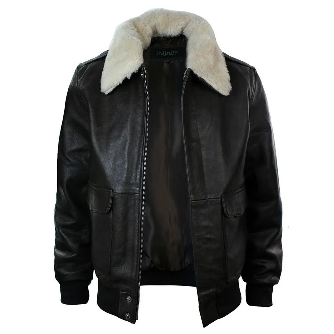 Mens Real Fur Collar Leather Bomber Pilot Flying Jacket Black Brown A2