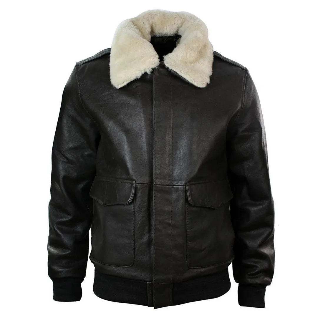 Mens Real Fur Collar Leather Bomber Pilot Flying Jacket Black Brown A2