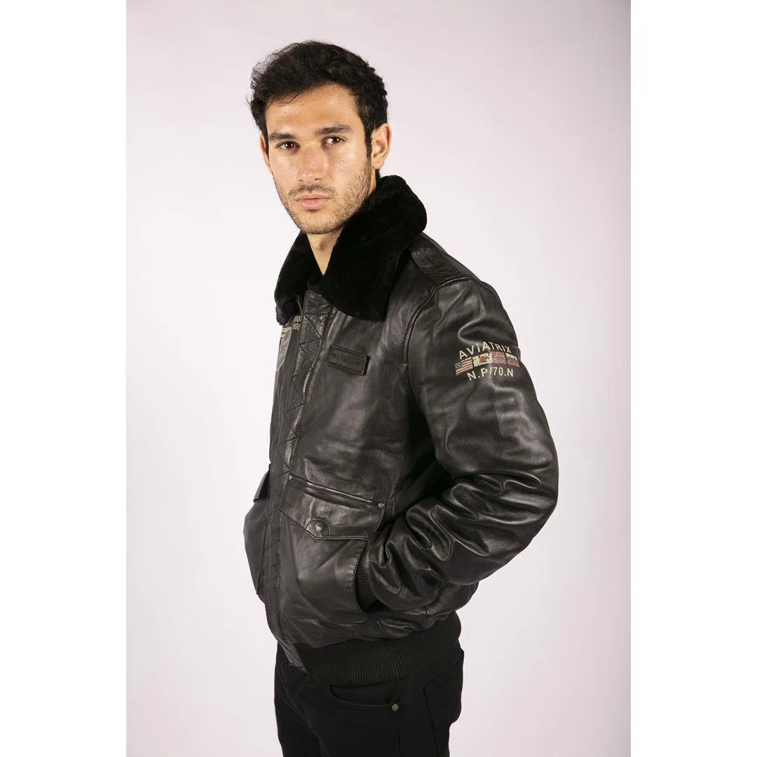 Mens Real Leather Black Aviator Fur Collar Pilot Jacket Slim Fit Bomber