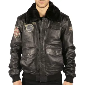 Mens Real Leather Black Aviator Fur Collar Pilot Jacket Slim Fit Bomber