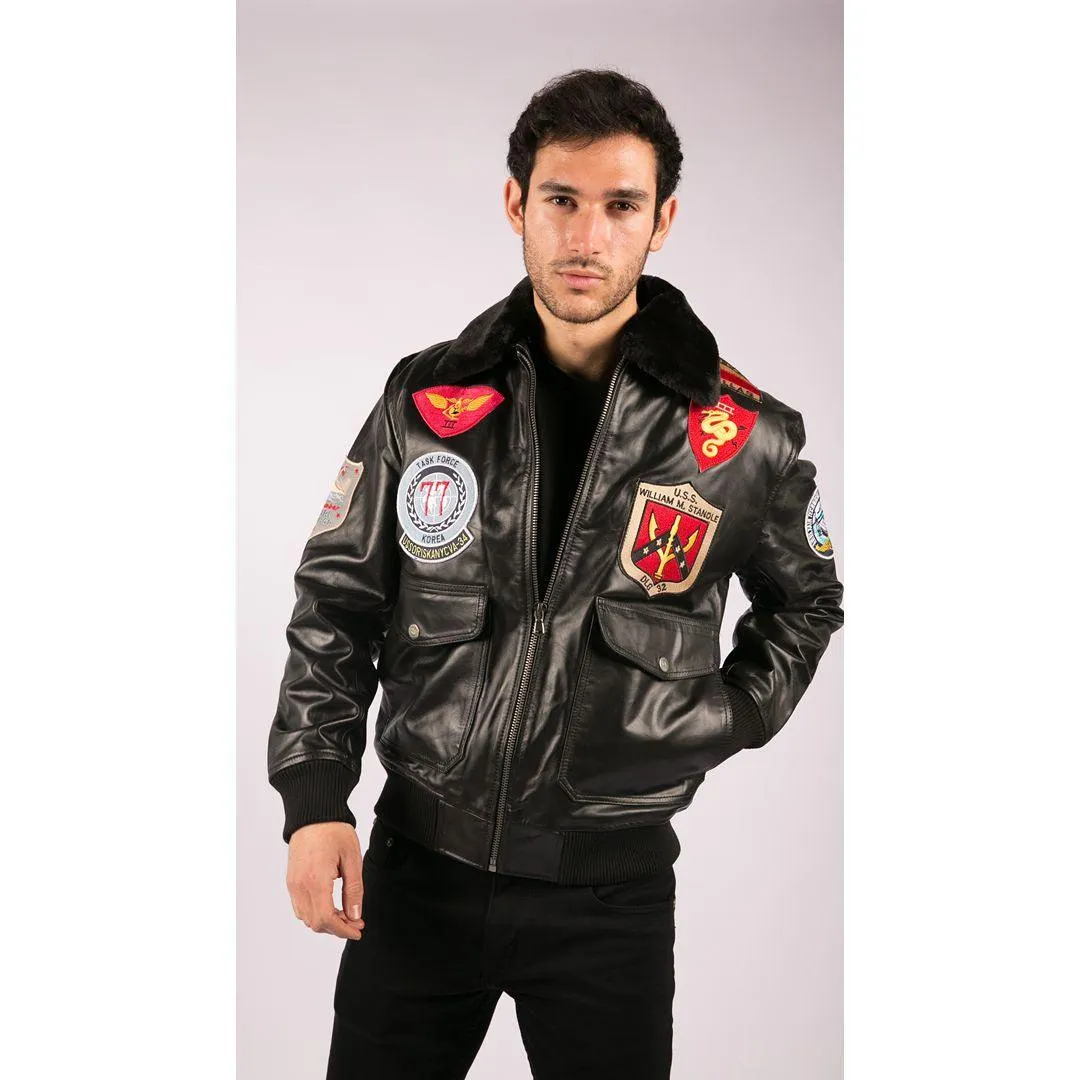 Mens Real Leather US Aviator Air Force Pilot Flying Bomber Jacket Black Fur Collar