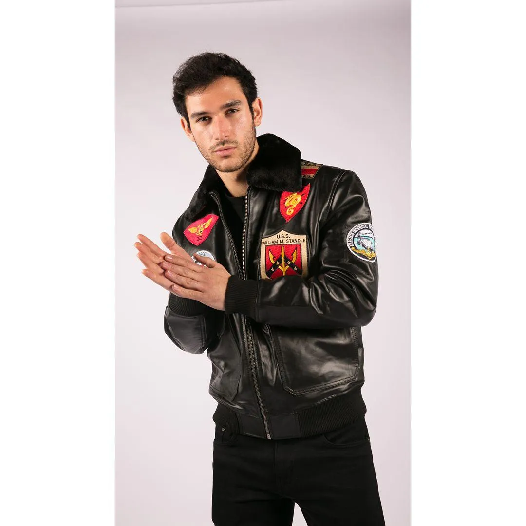 Mens Real Leather US Aviator Air Force Pilot Flying Bomber Jacket Black Fur Collar