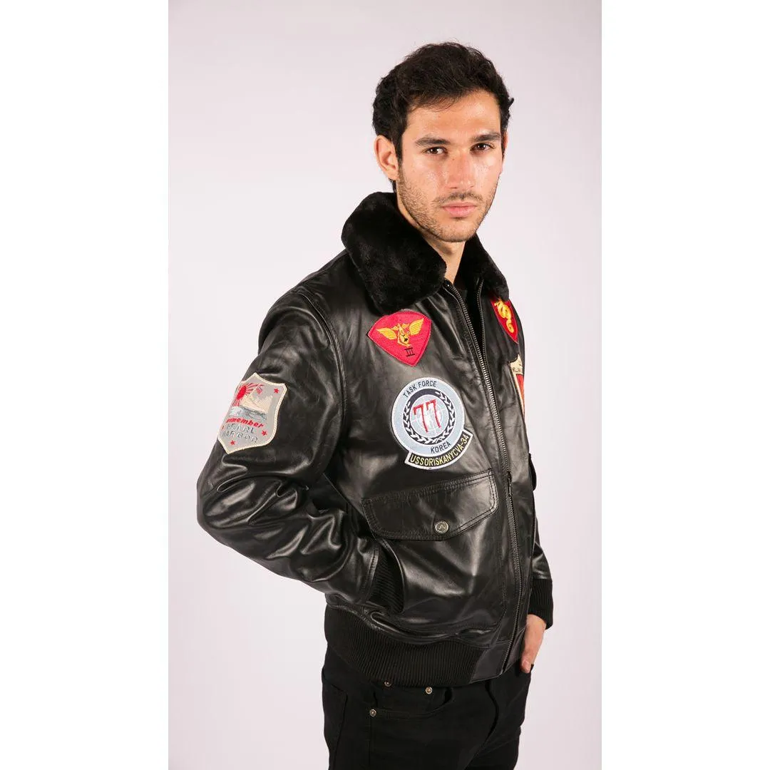 Mens Real Leather US Aviator Air Force Pilot Flying Bomber Jacket Black Fur Collar