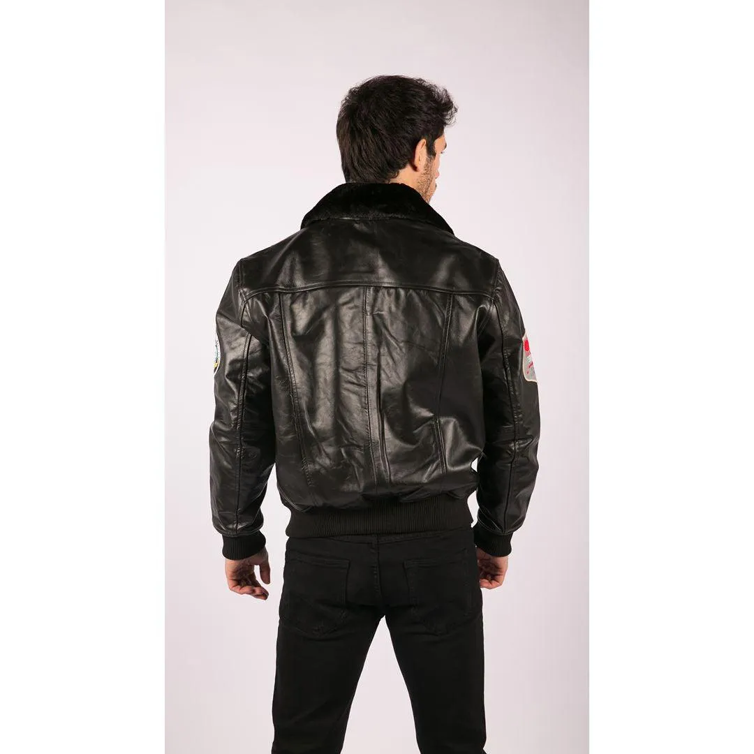 Mens Real Leather US Aviator Air Force Pilot Flying Bomber Jacket Black Fur Collar