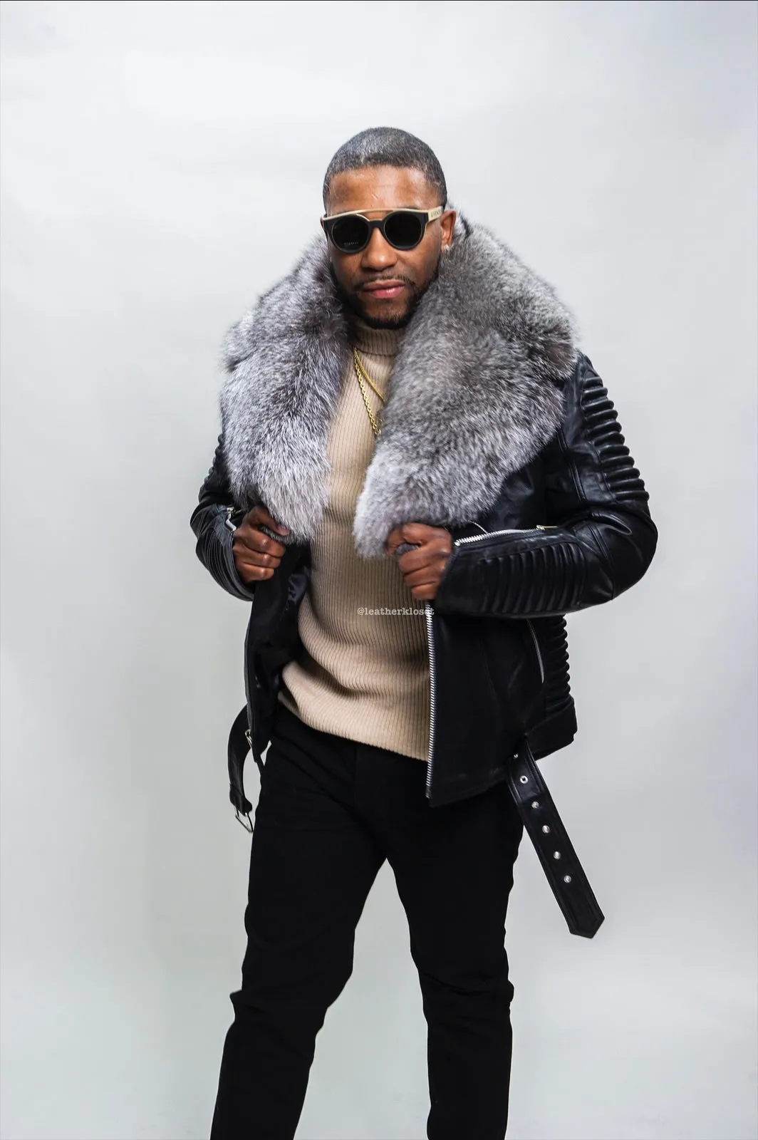 Men's Trey Biker Black Leather Full Fox Fur Collar [Silver Fox]