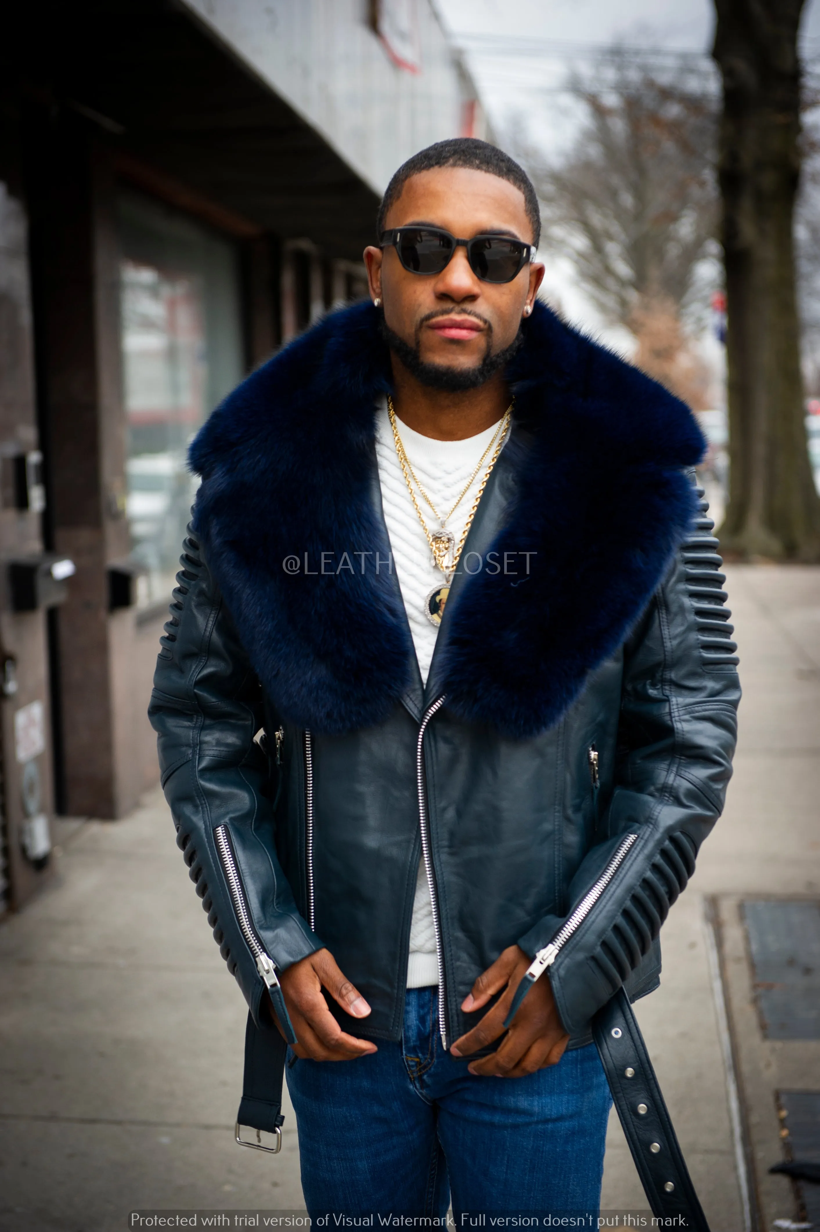 Men's Trey Biker Navy Full Fox Fur Collar [Navy Fox]