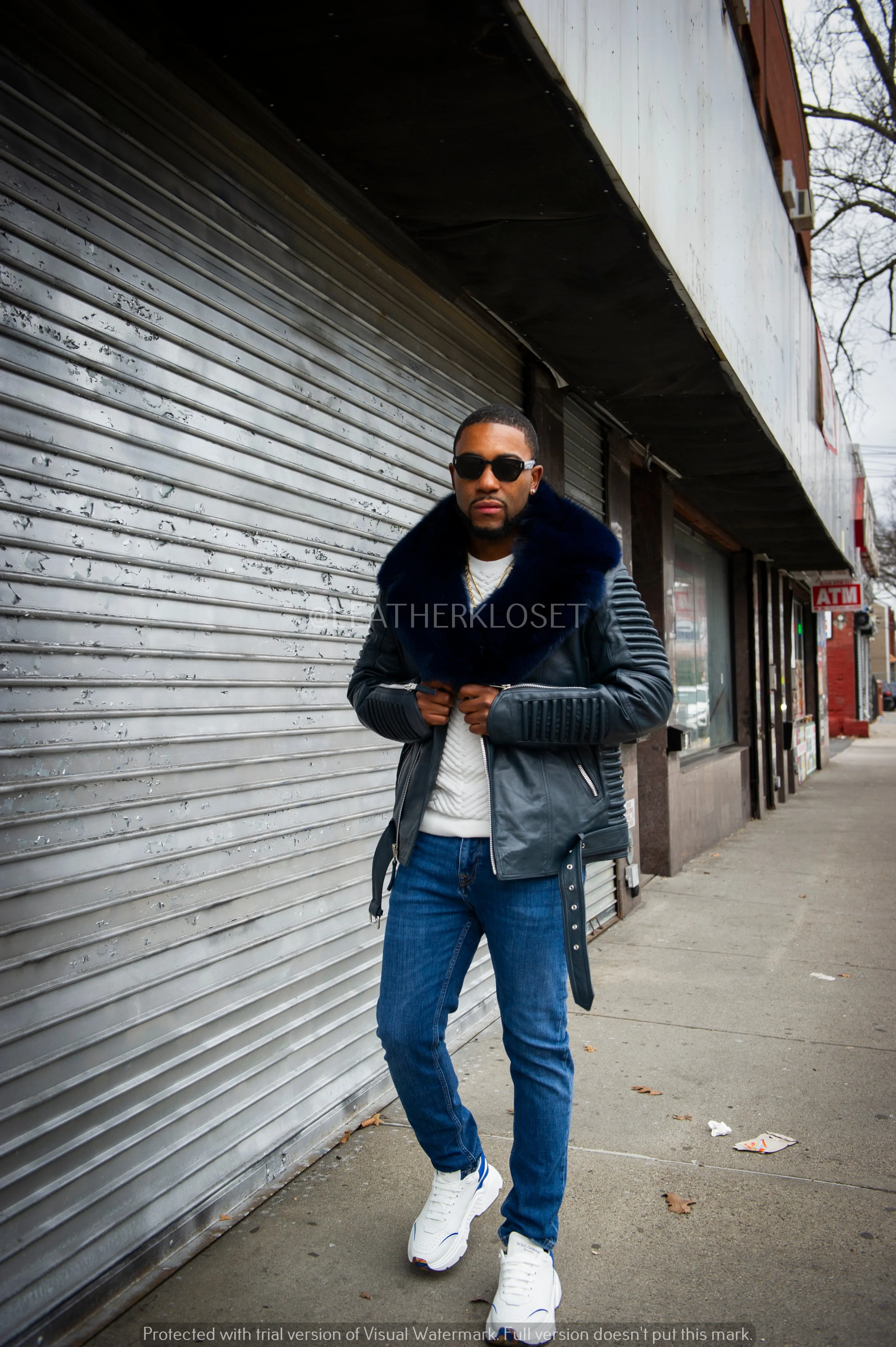 Men's Trey Biker Navy Full Fox Fur Collar [Navy Fox]