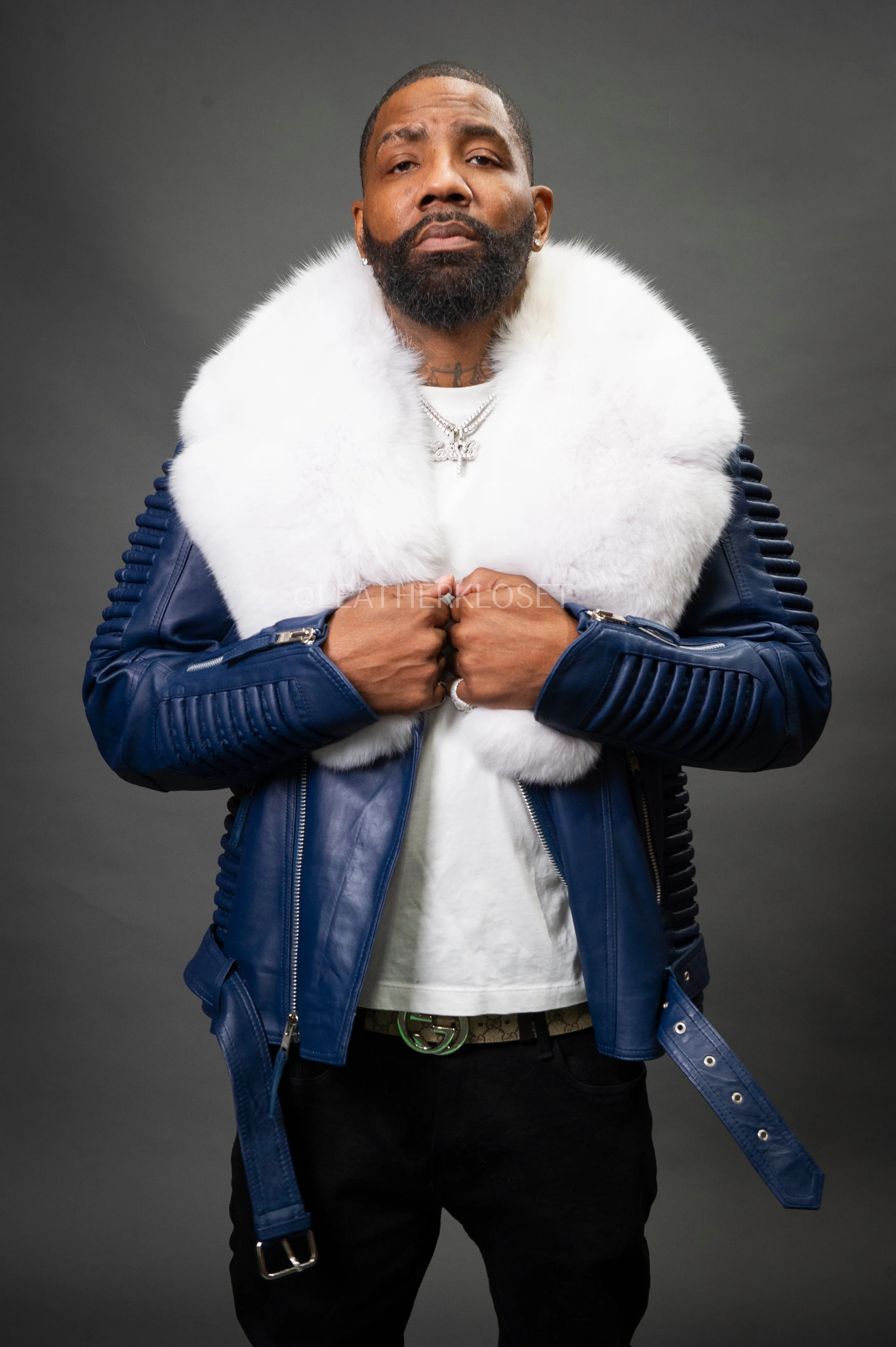 Men's Trey Biker Navy Full Fox Fur Collar [Pure White Fox]