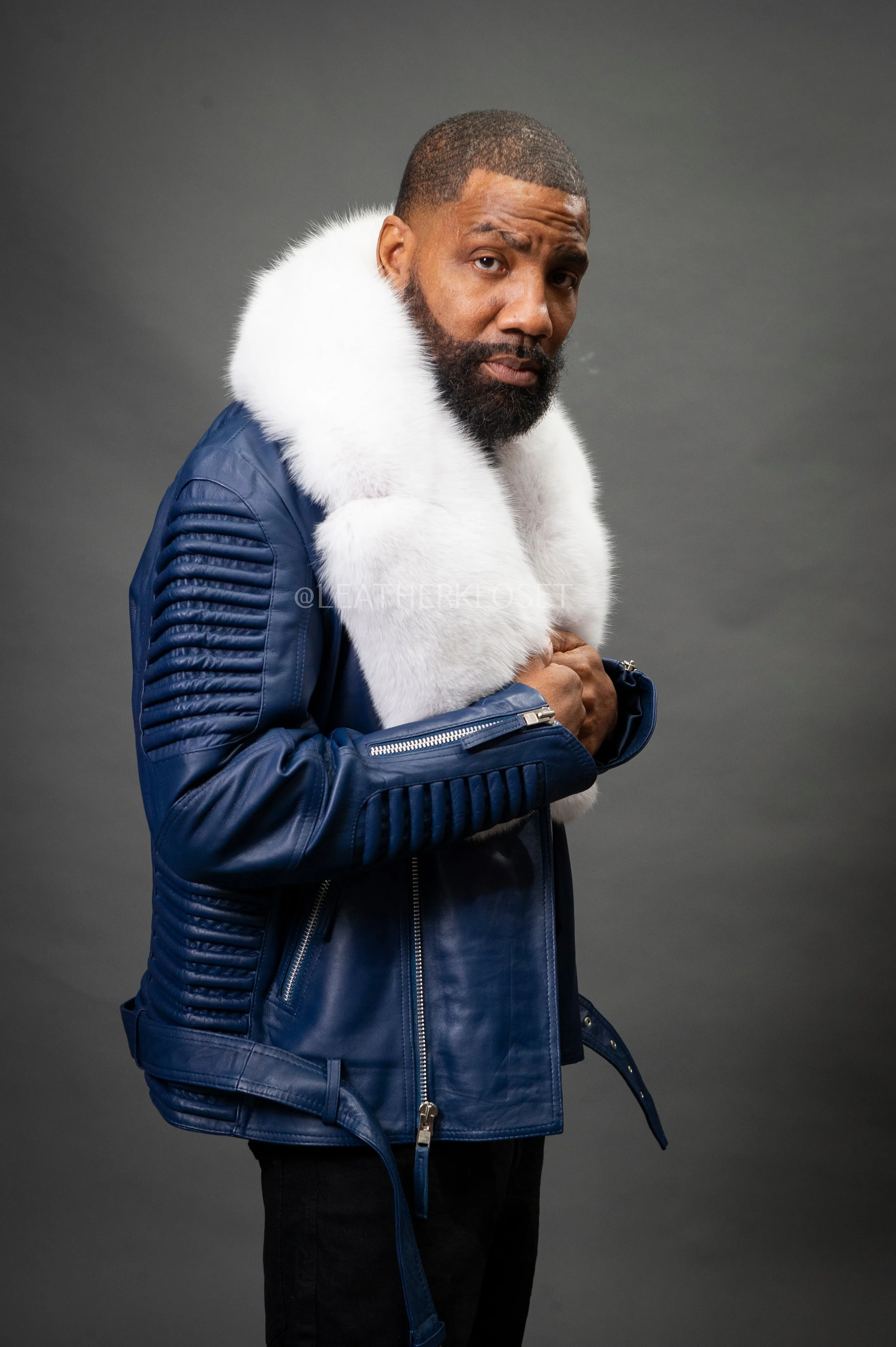 Men's Trey Biker Navy Full Fox Fur Collar [Pure White Fox]