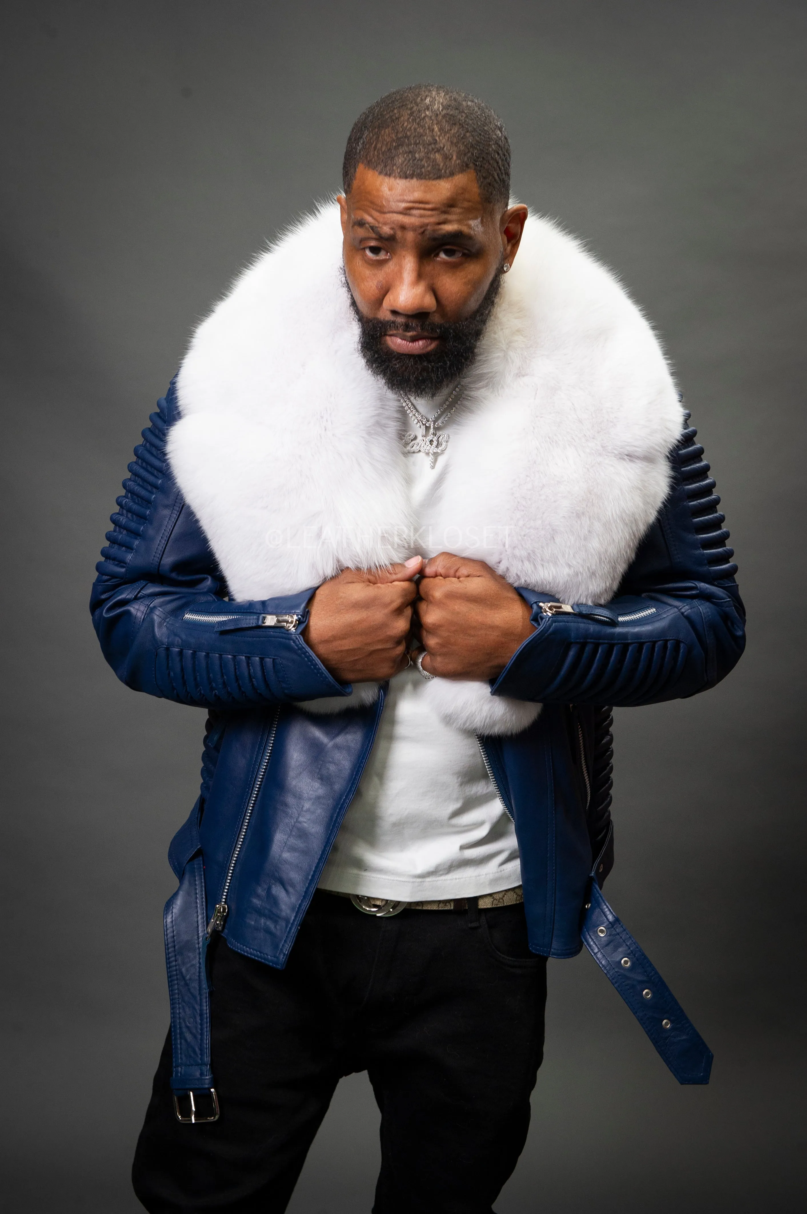 Men's Trey Biker Navy Full Fox Fur Collar [Pure White Fox]