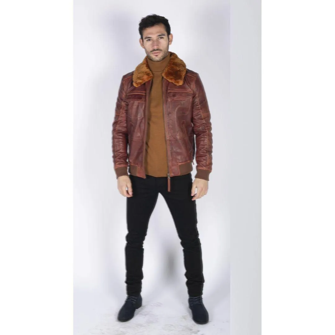 Mens Washed Rust Tan Brown Removable Fur Collar Pilot Leather Jacket Slim Fit