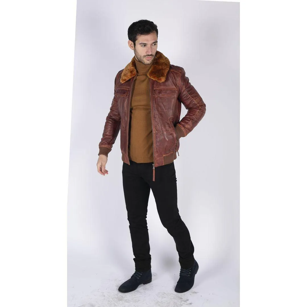 Mens Washed Rust Tan Brown Removable Fur Collar Pilot Leather Jacket Slim Fit