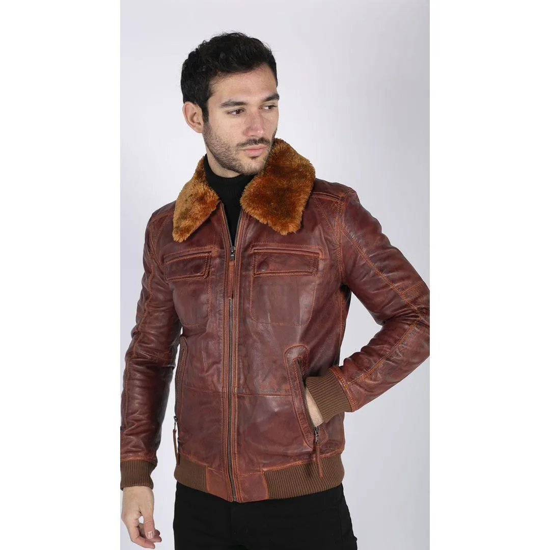 Mens Washed Rust Tan Brown Removable Fur Collar Pilot Leather Jacket Slim Fit