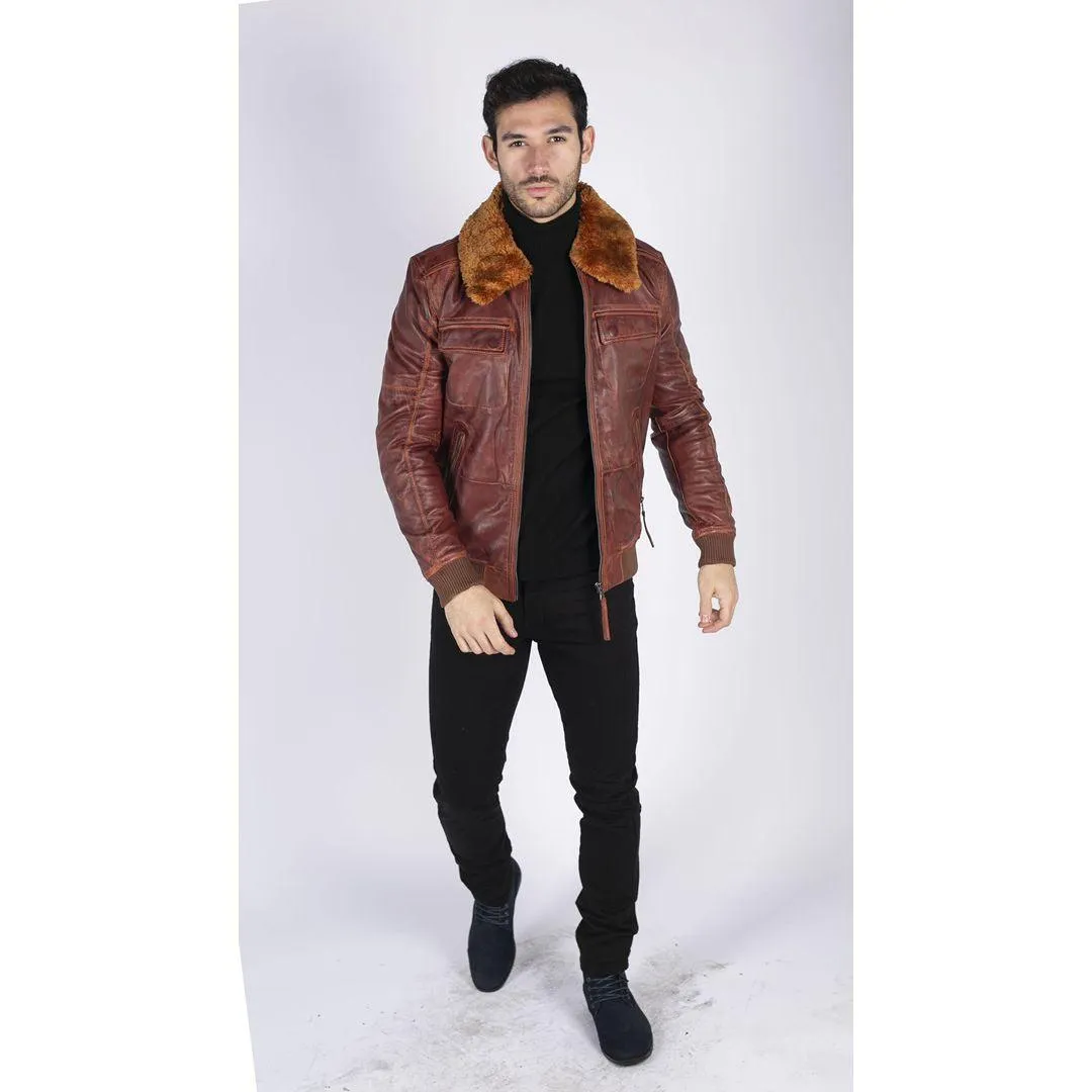 Mens Washed Rust Tan Brown Removable Fur Collar Pilot Leather Jacket Slim Fit