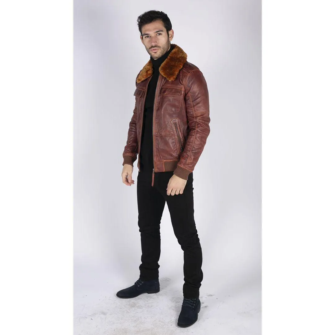 Mens Washed Rust Tan Brown Removable Fur Collar Pilot Leather Jacket Slim Fit