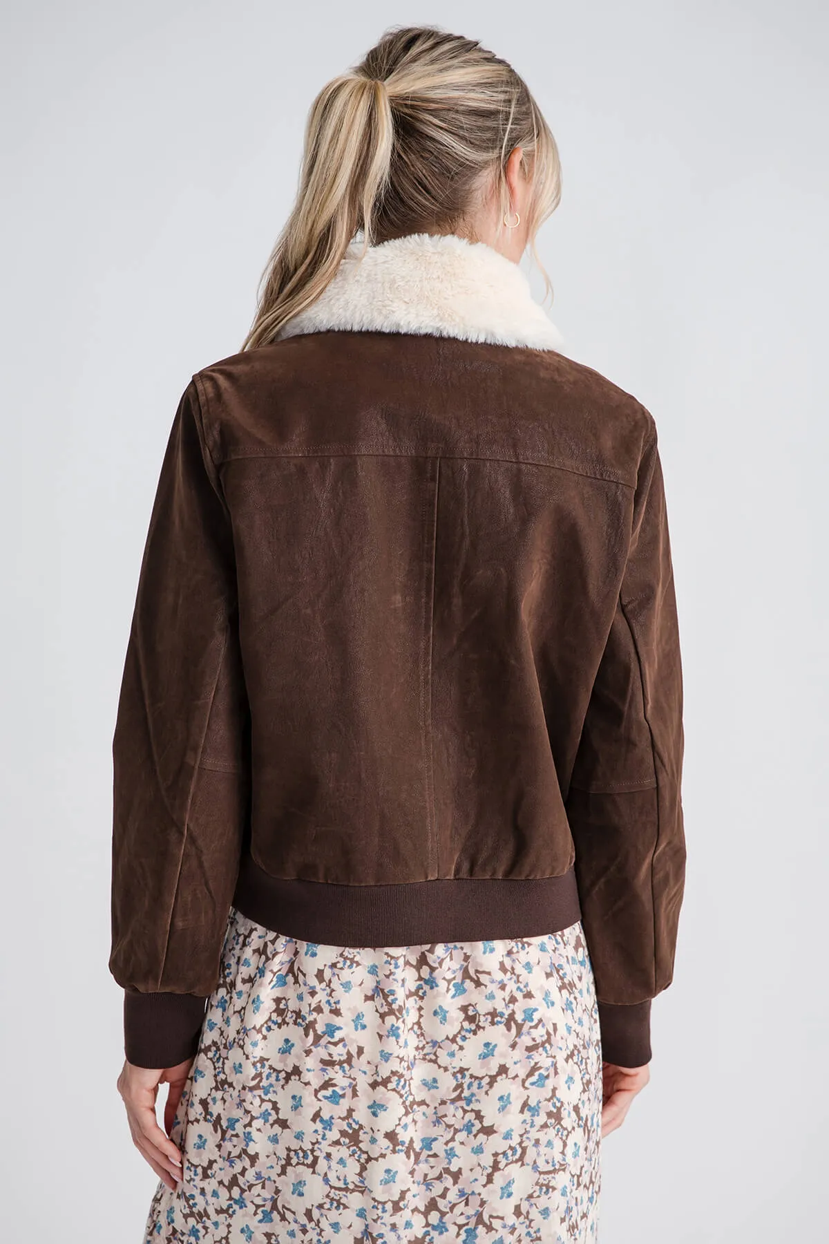 Miou Muse Textured Pleather Bomber Jacket with Fur Collar