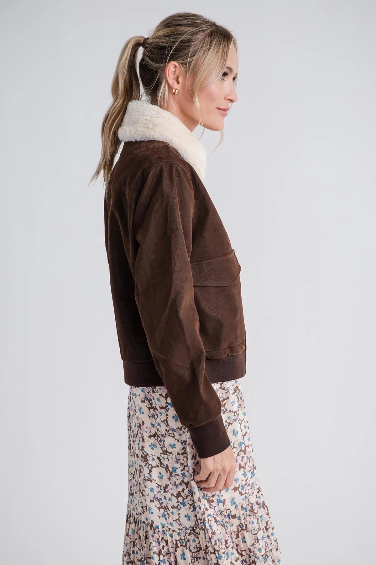 Miou Muse Textured Pleather Bomber Jacket with Fur Collar