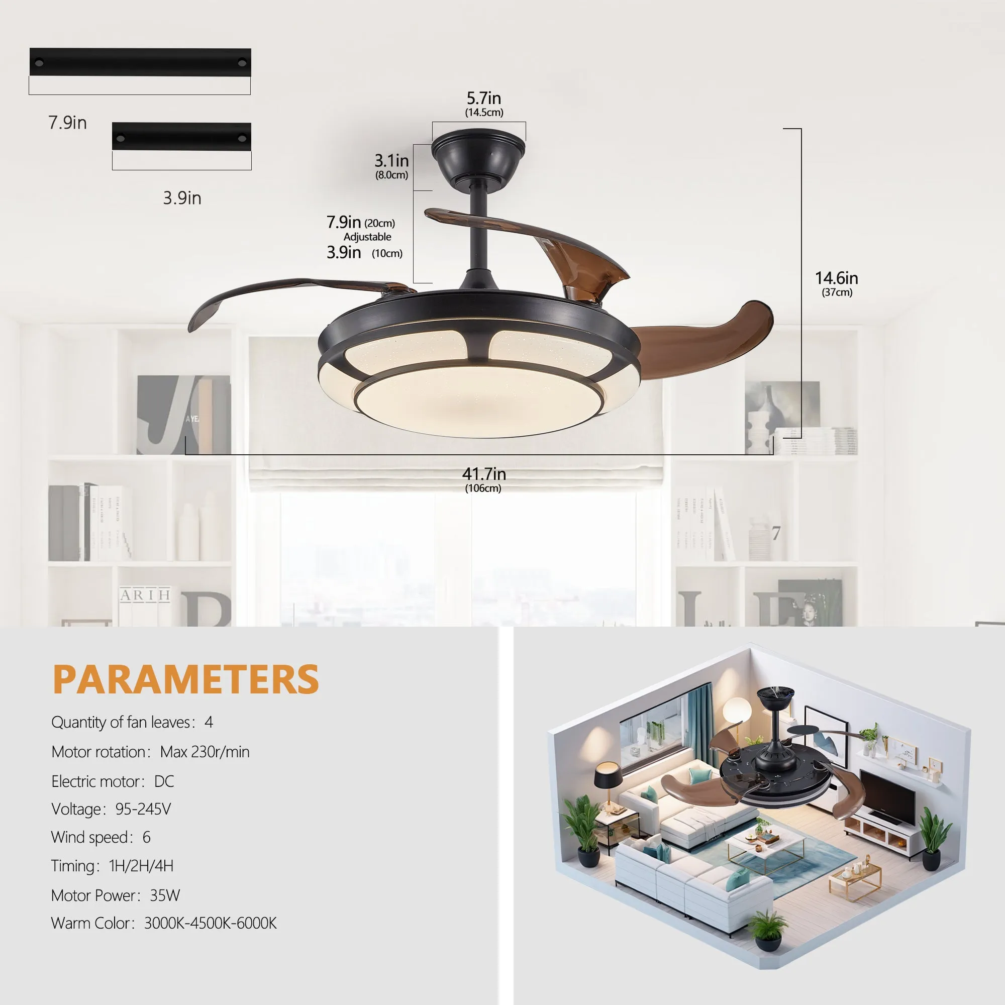 Modern Minimalist Invisible Ceiling Fan Light - Retractable Fan With LED Fixtures