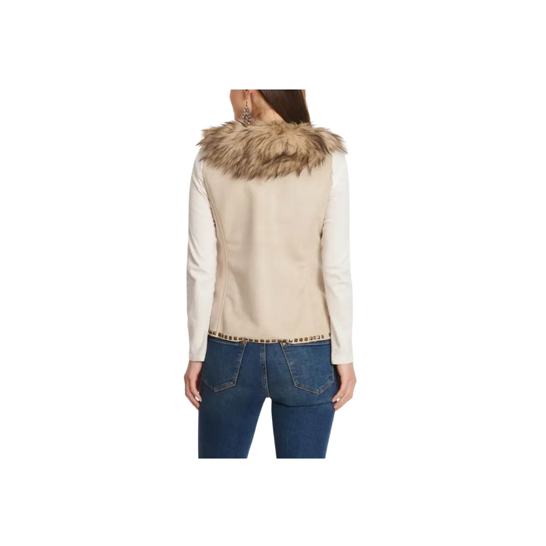 Montana Women's Faux Suede Antique Brass Studs Fur Removable Collar Creamy Vest