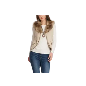 Montana Women's Faux Suede Antique Brass Studs Fur Removable Collar Creamy Vest