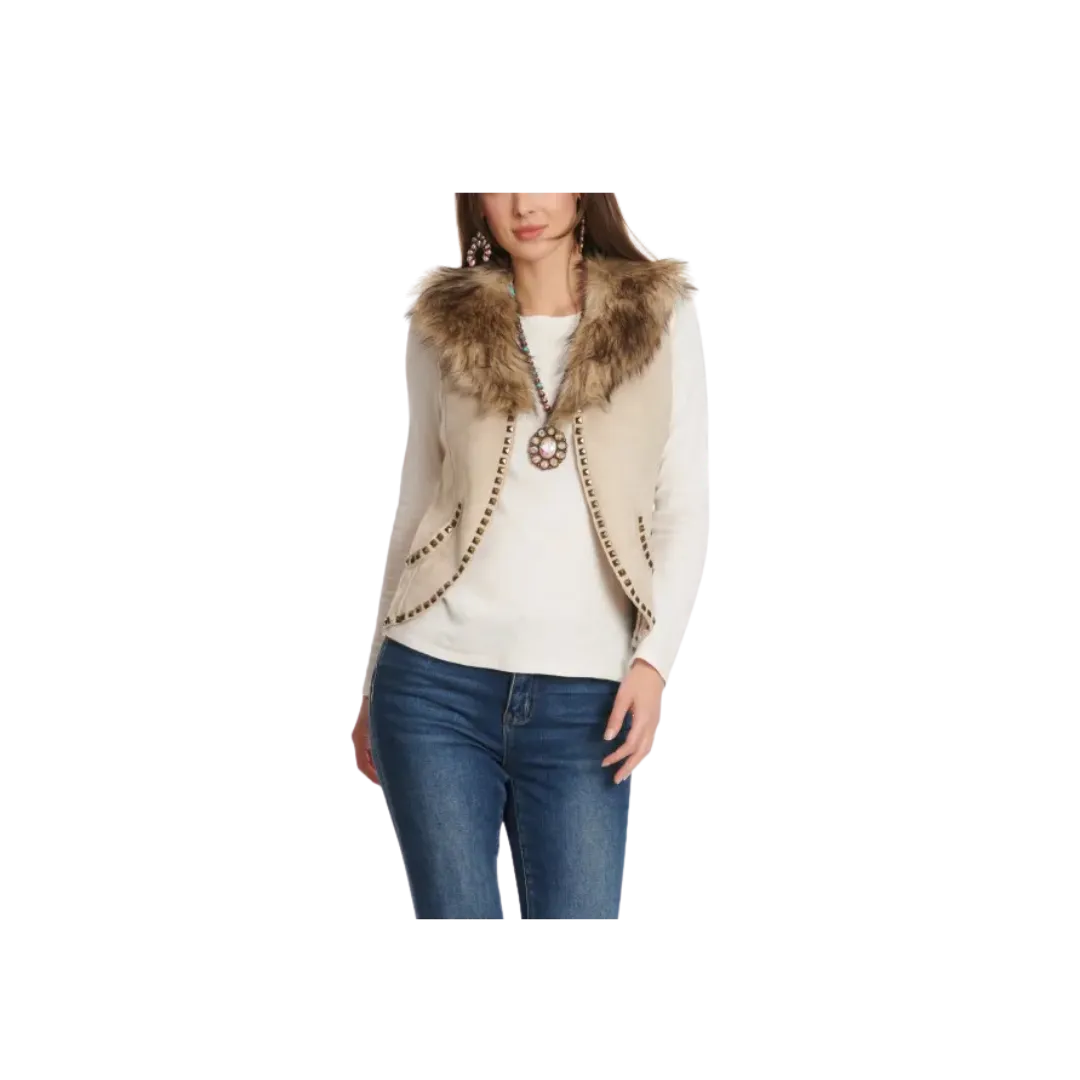 Montana Women's Faux Suede Antique Brass Studs Fur Removable Collar Creamy Vest